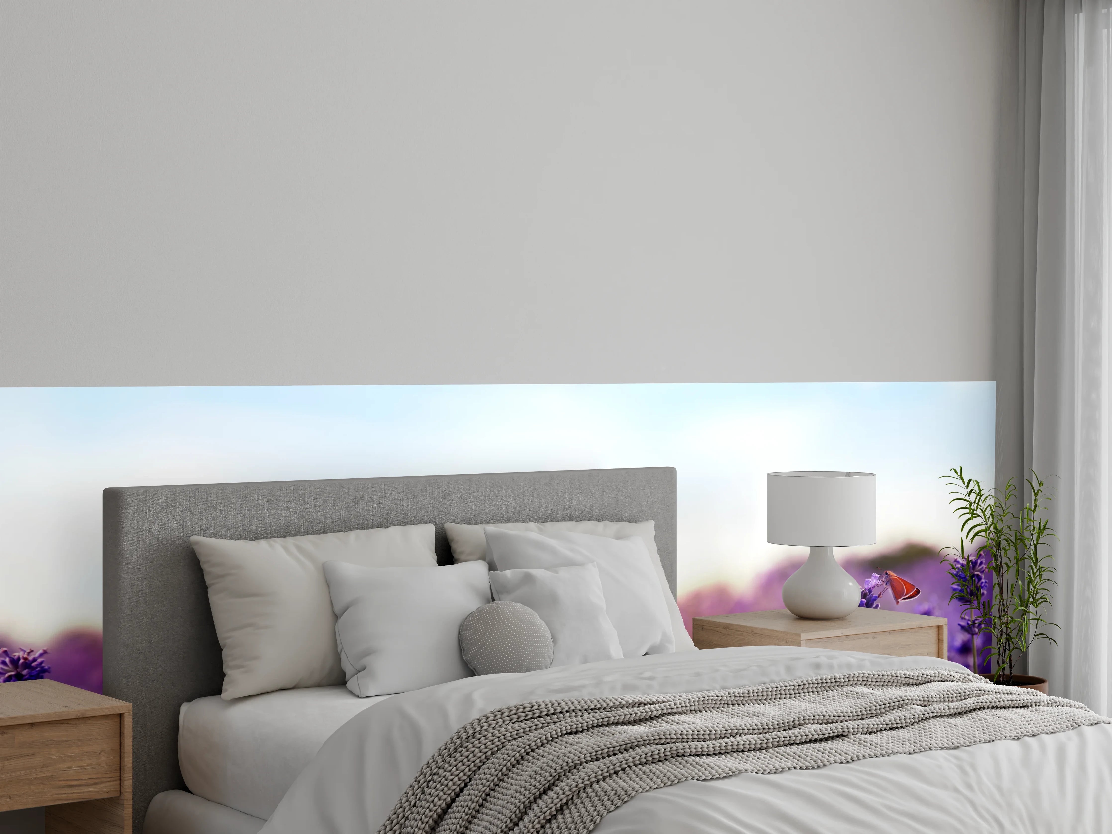 Wandverkleidung Schlafzimmer - Lila Lavendelfeld im Morgenlicht
