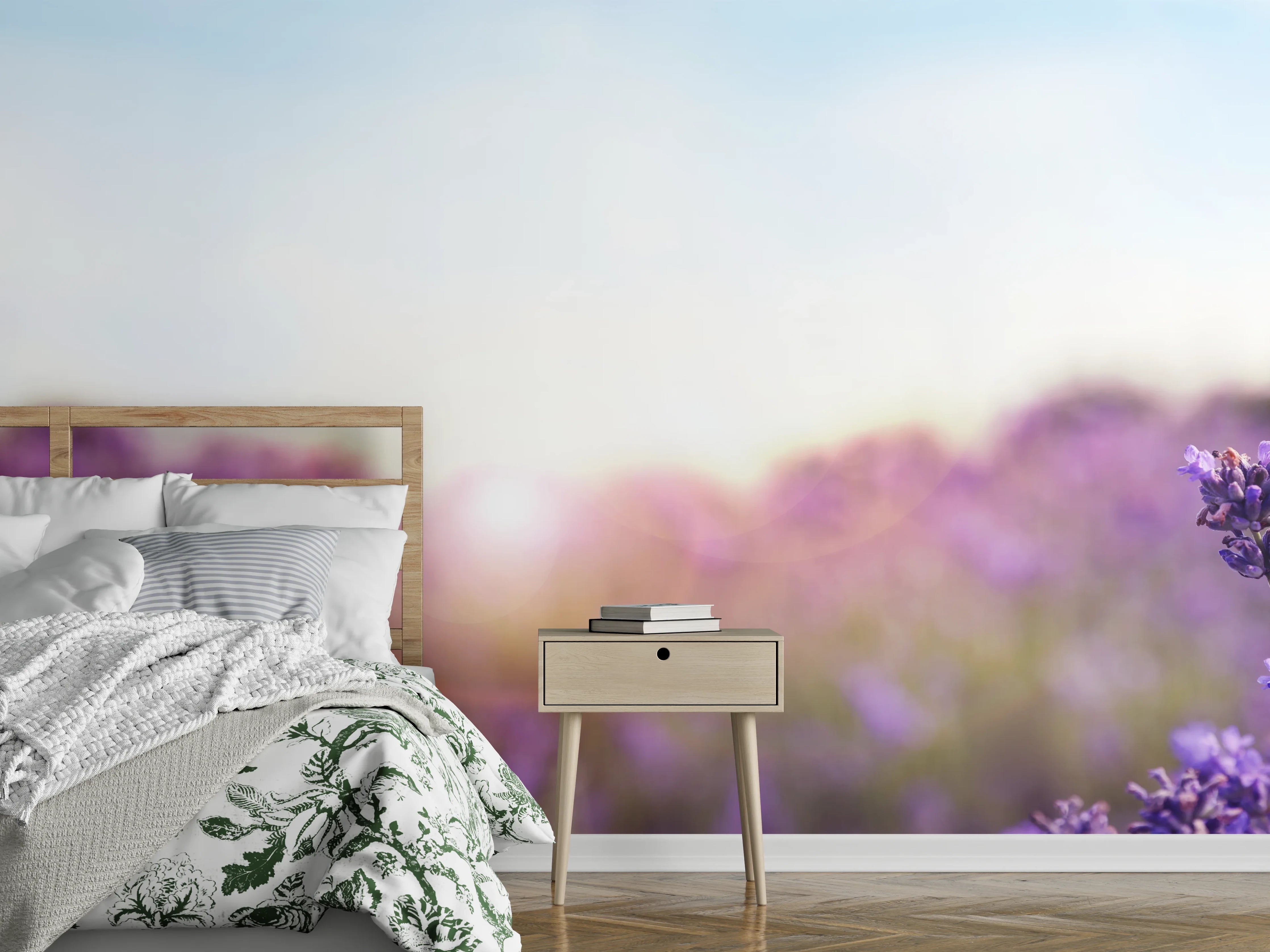 Wandverkleidung Schlafzimmer - Lila Lavendelfeld im Morgenlicht