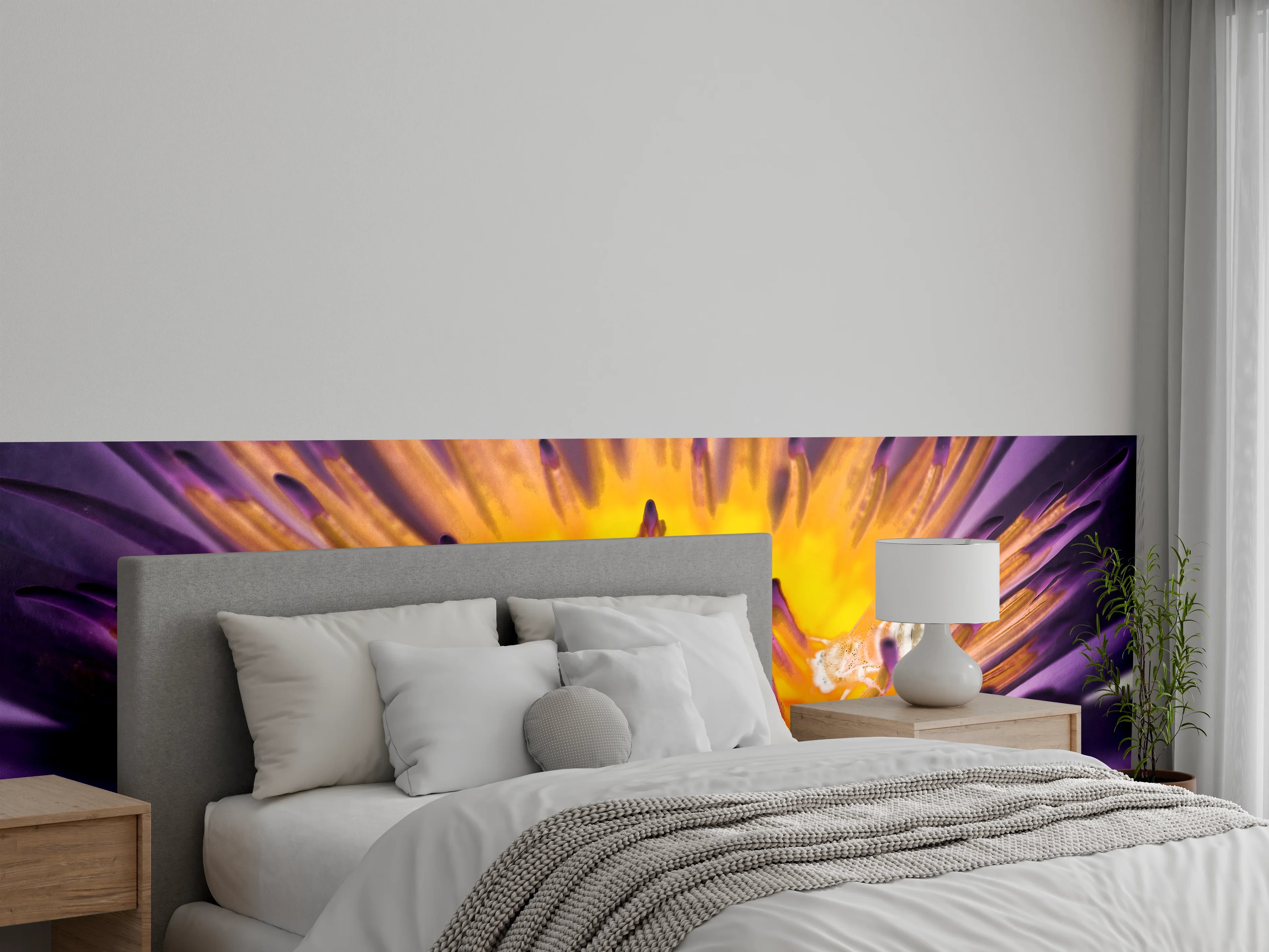 Wandverkleidung Schlafzimmer - Lila-gelbe Seerose Makroblüte