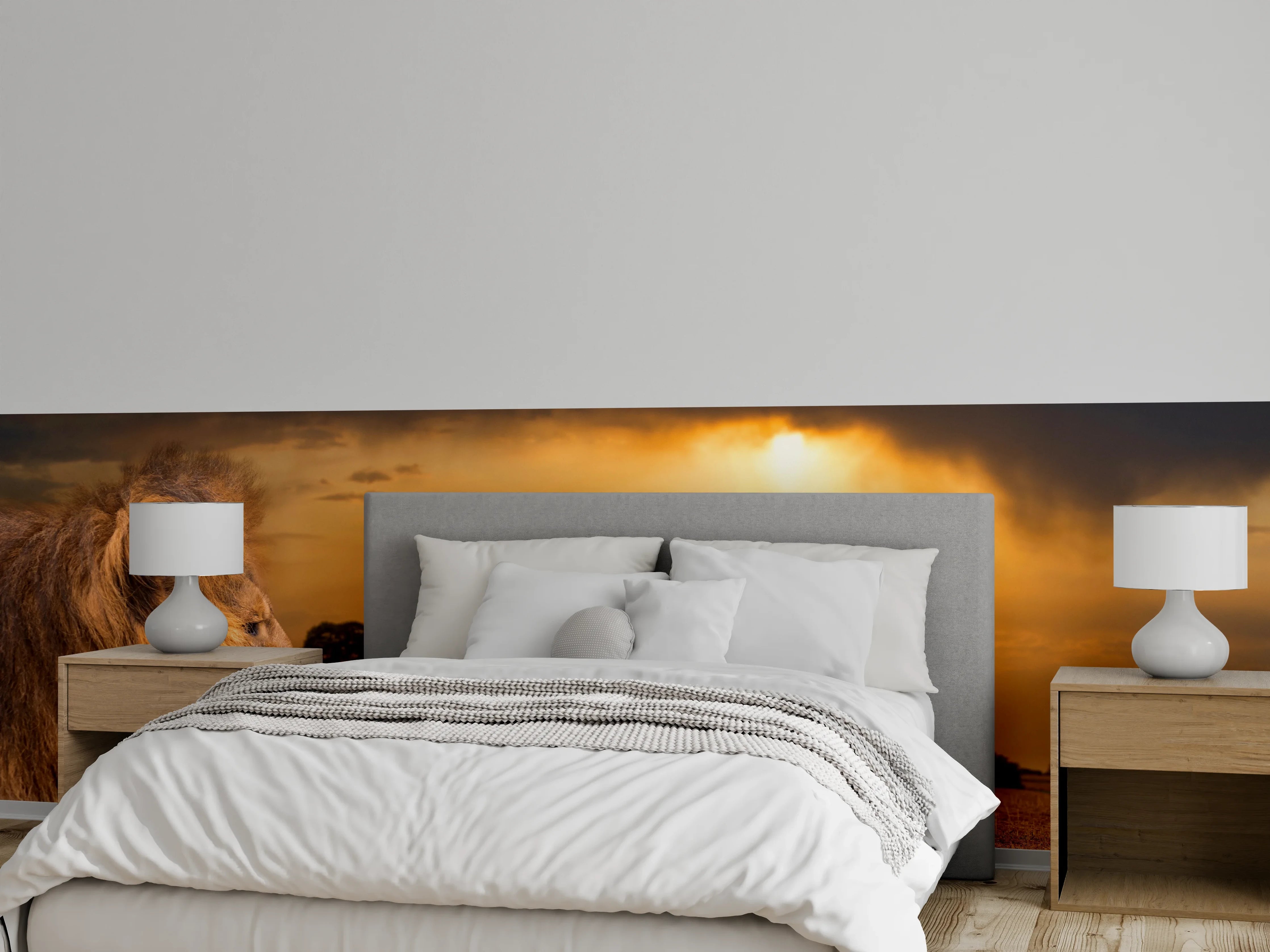 Wandverkleidung Schlafzimmer - Löwe in Steppe im Sonnenuntergang