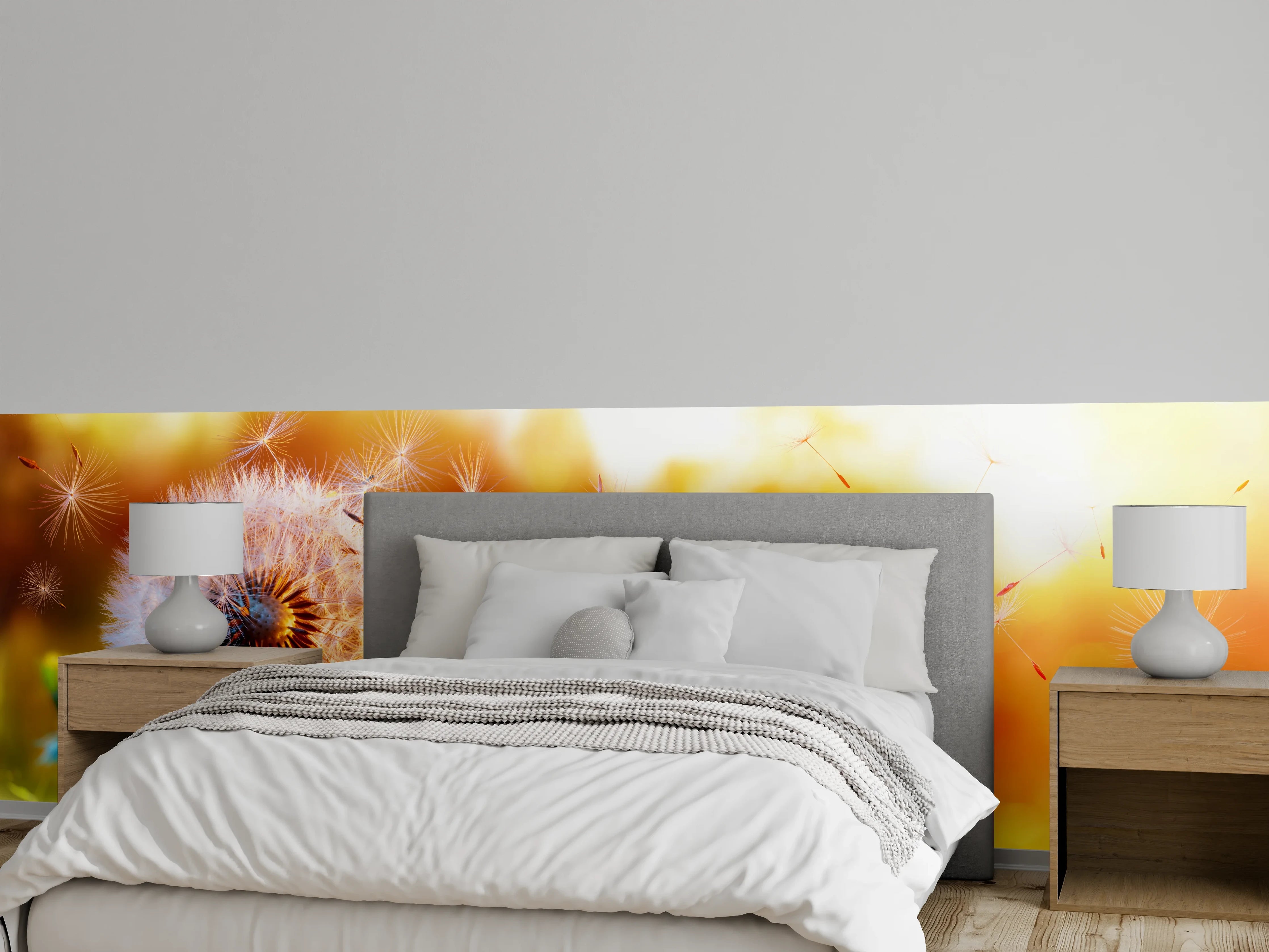 Wandverkleidung Schlafzimmer - Löwenzahn im Feld bei Sonnenuntergang