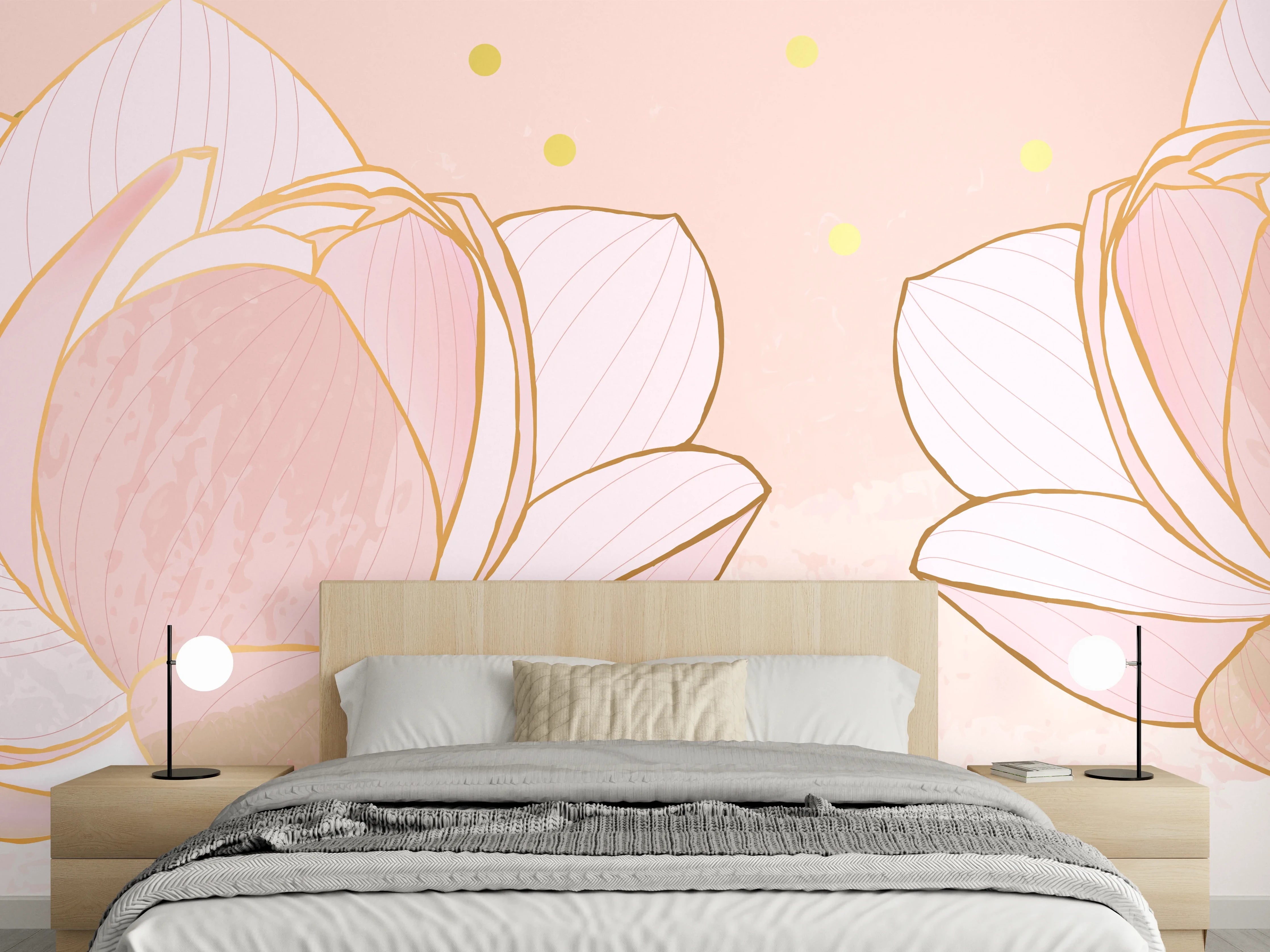 Wandverkleidung Schlafzimmer - Lotusblüte Rosa Gold Akzente