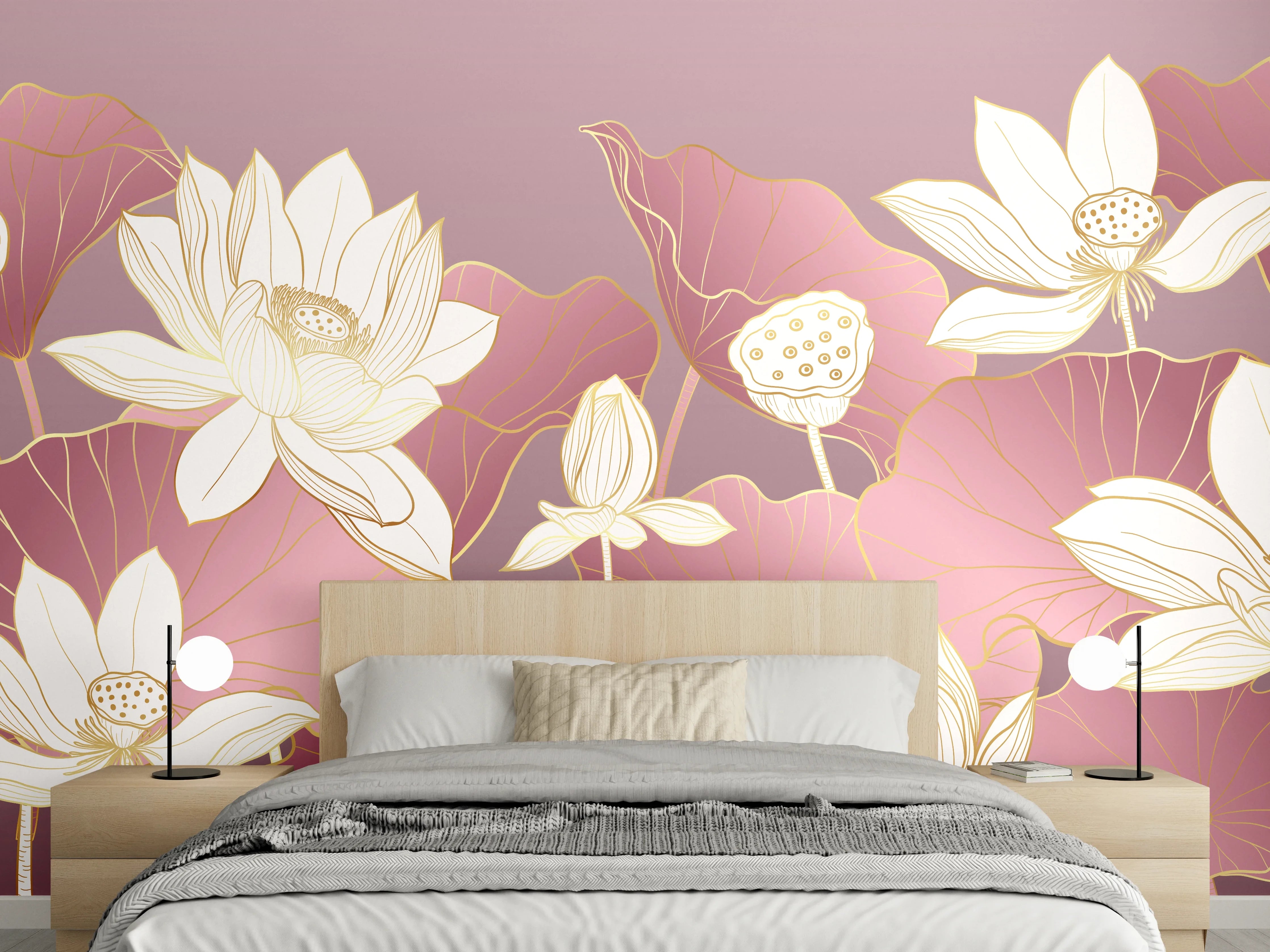 Wandverkleidung Schlafzimmer - Lotusblüten auf rosa Hintergrund