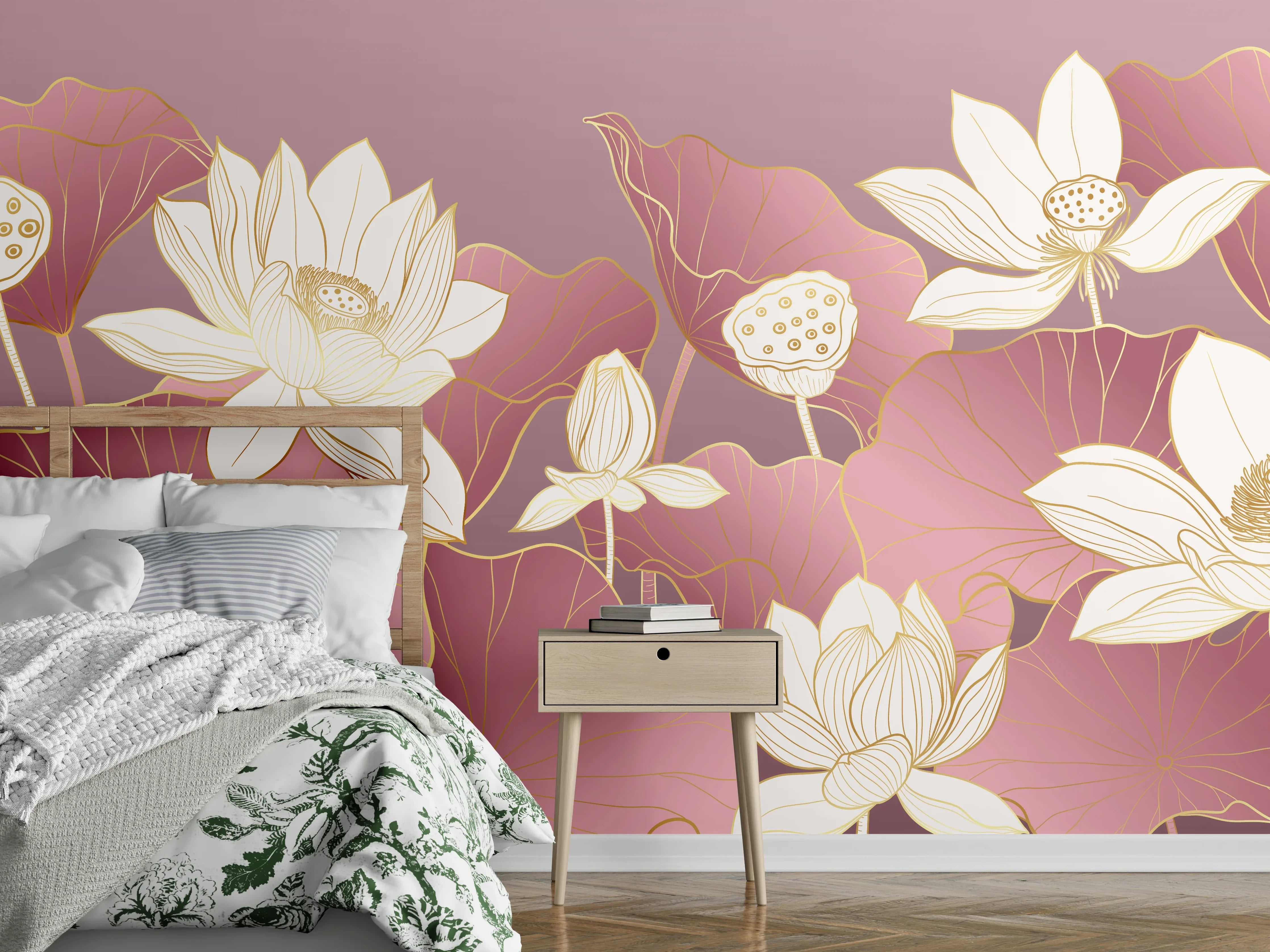 Wandverkleidung Schlafzimmer - Lotusblüten auf rosa Hintergrund