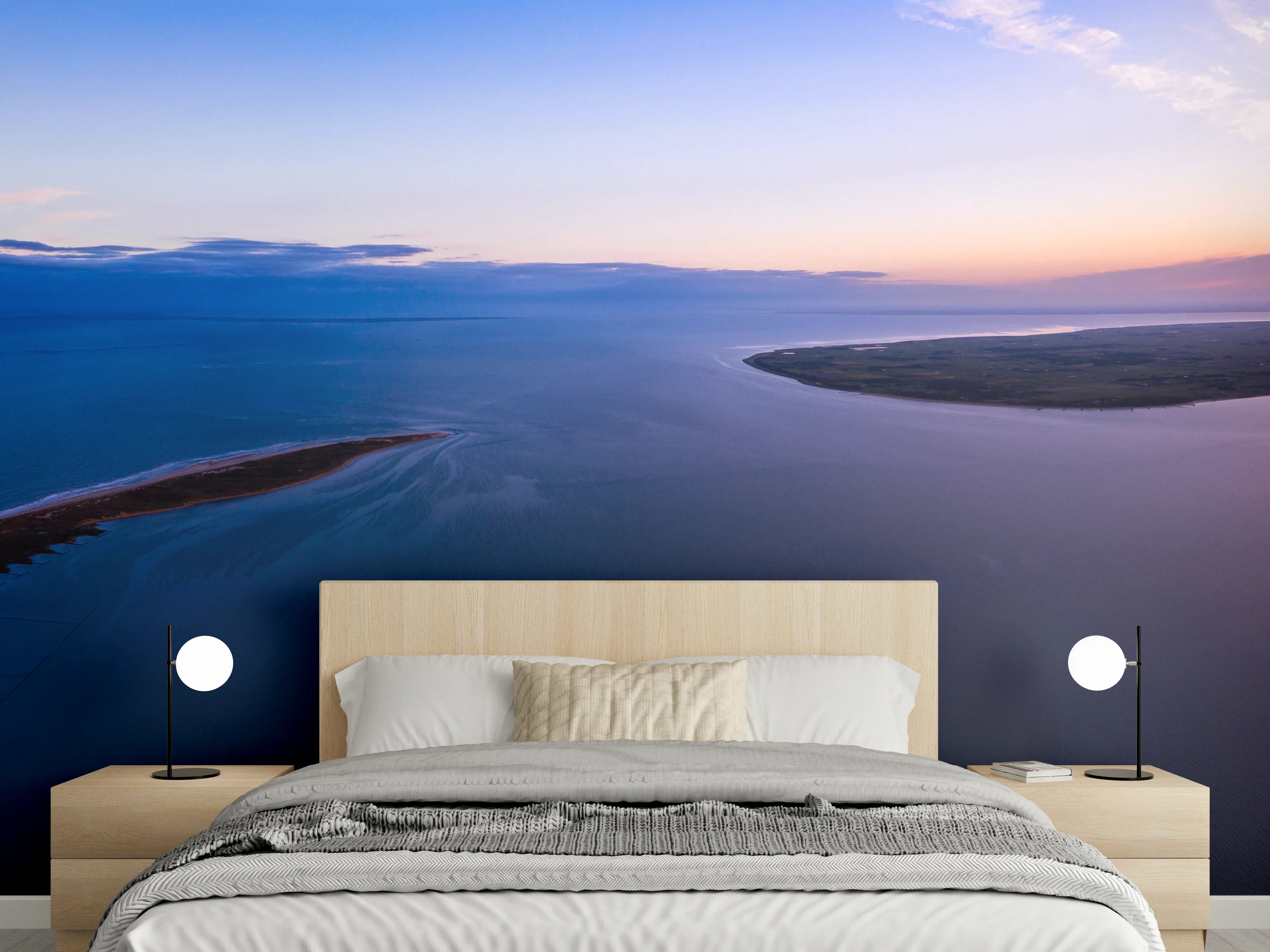 Wandverkleidung Schlafzimmer - Luftige Küstenlandschaft Panorama Sonnenuntergang