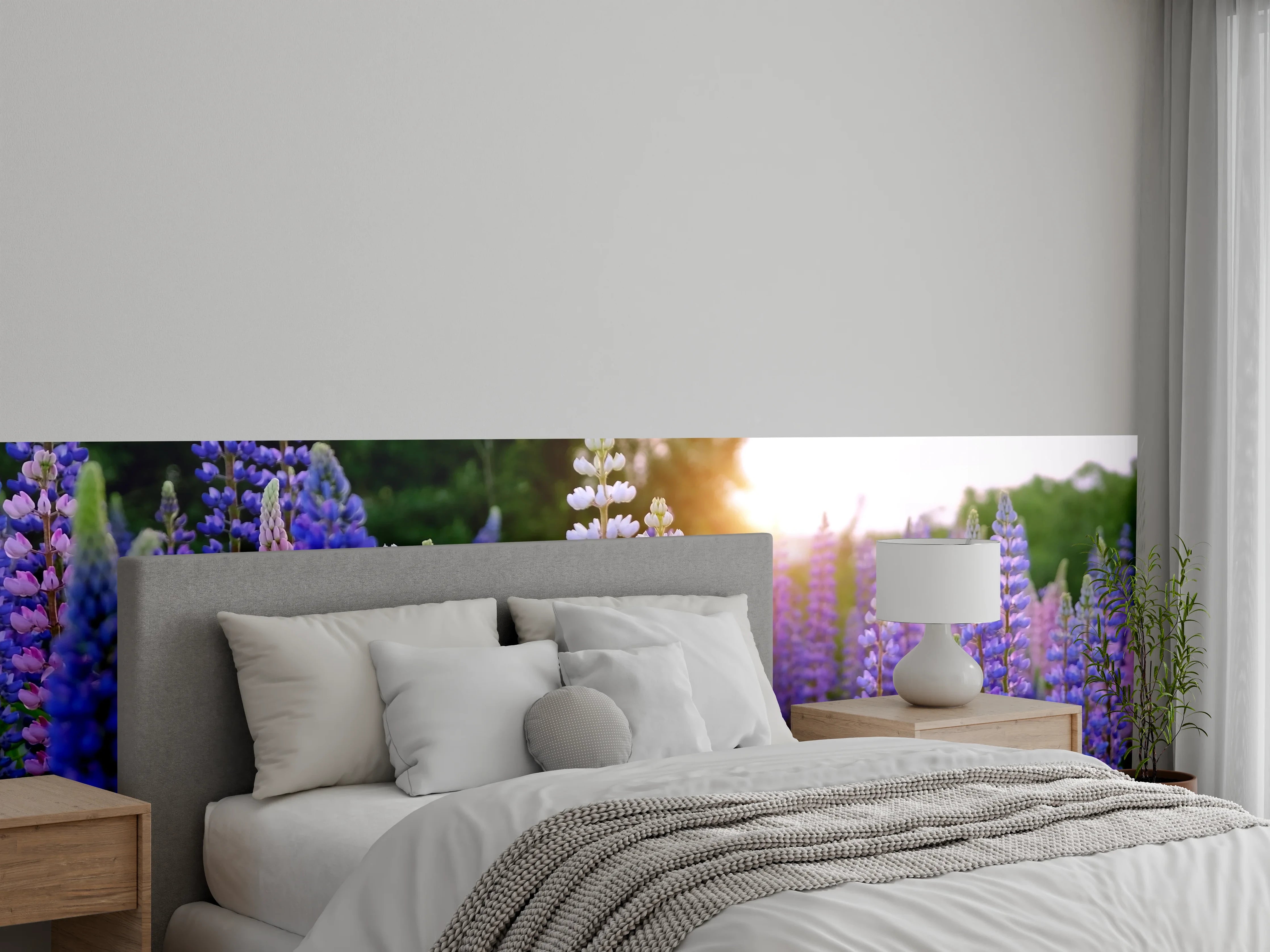 Wandverkleidung Schlafzimmer - Lupinenwiese bei Sonnenuntergang