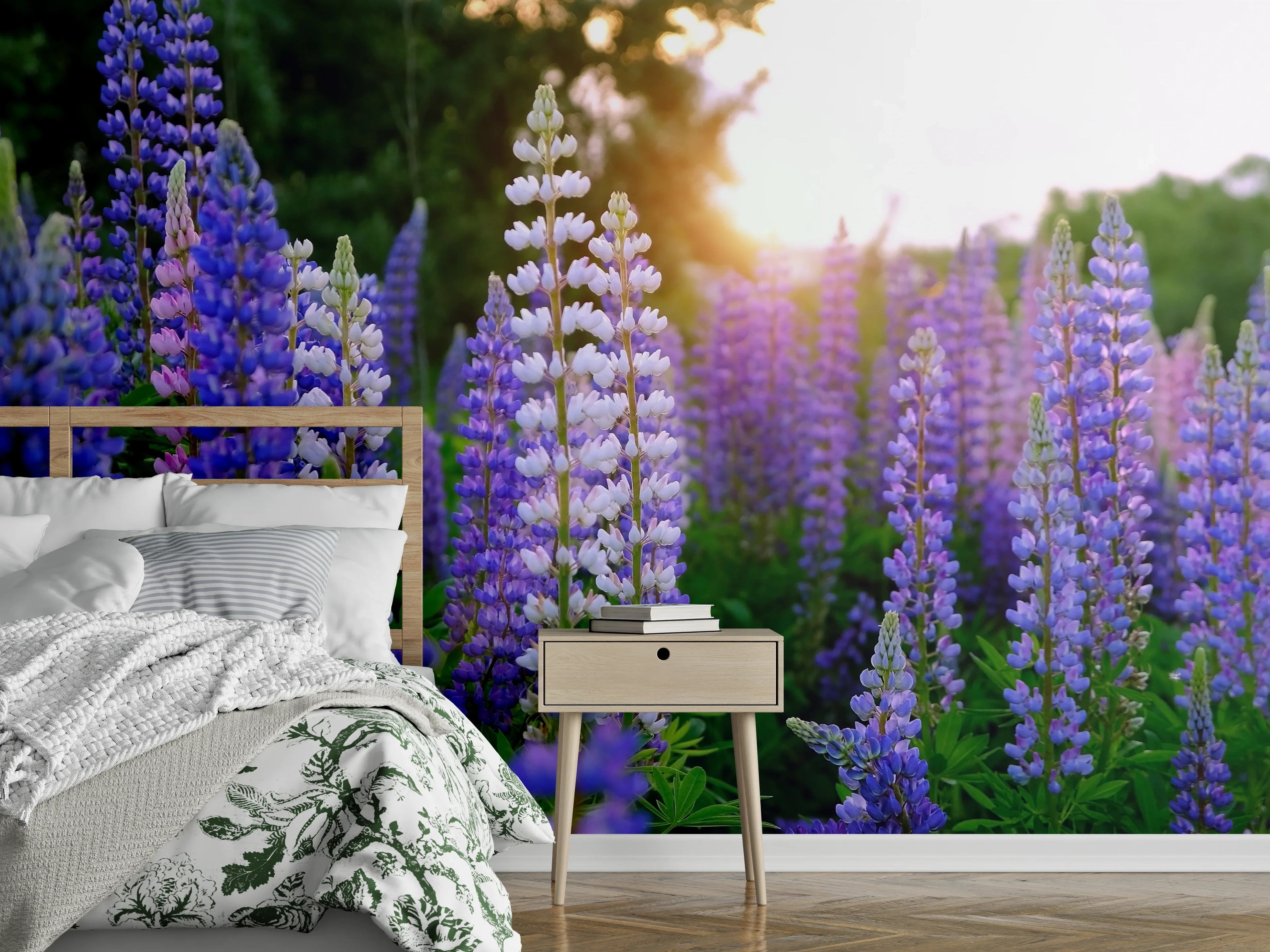 Wandverkleidung Schlafzimmer - Lupinenwiese bei Sonnenuntergang