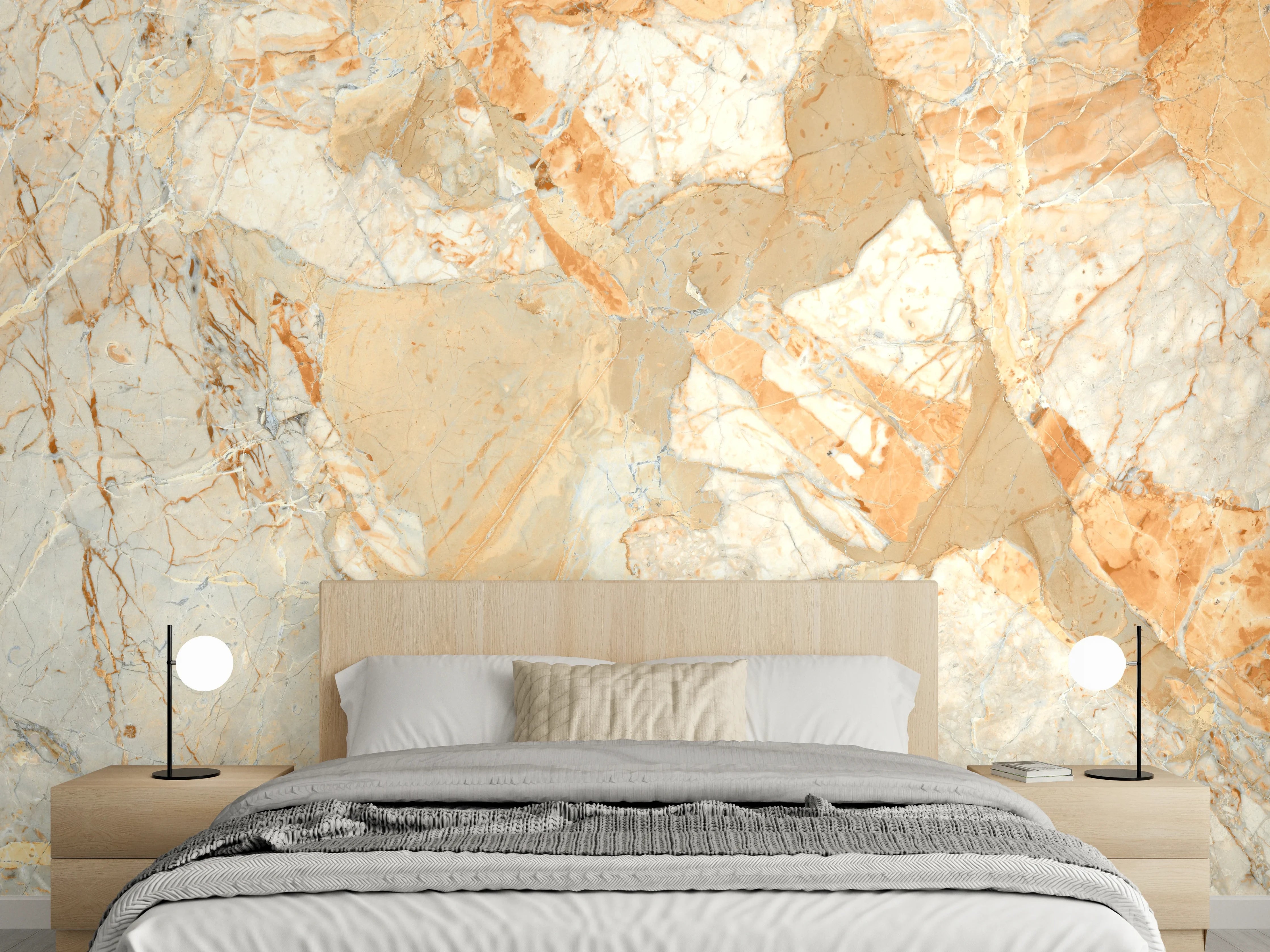 Wandverkleidung Schlafzimmer - Luxuriöse Marmoroptik in Beige und Grau