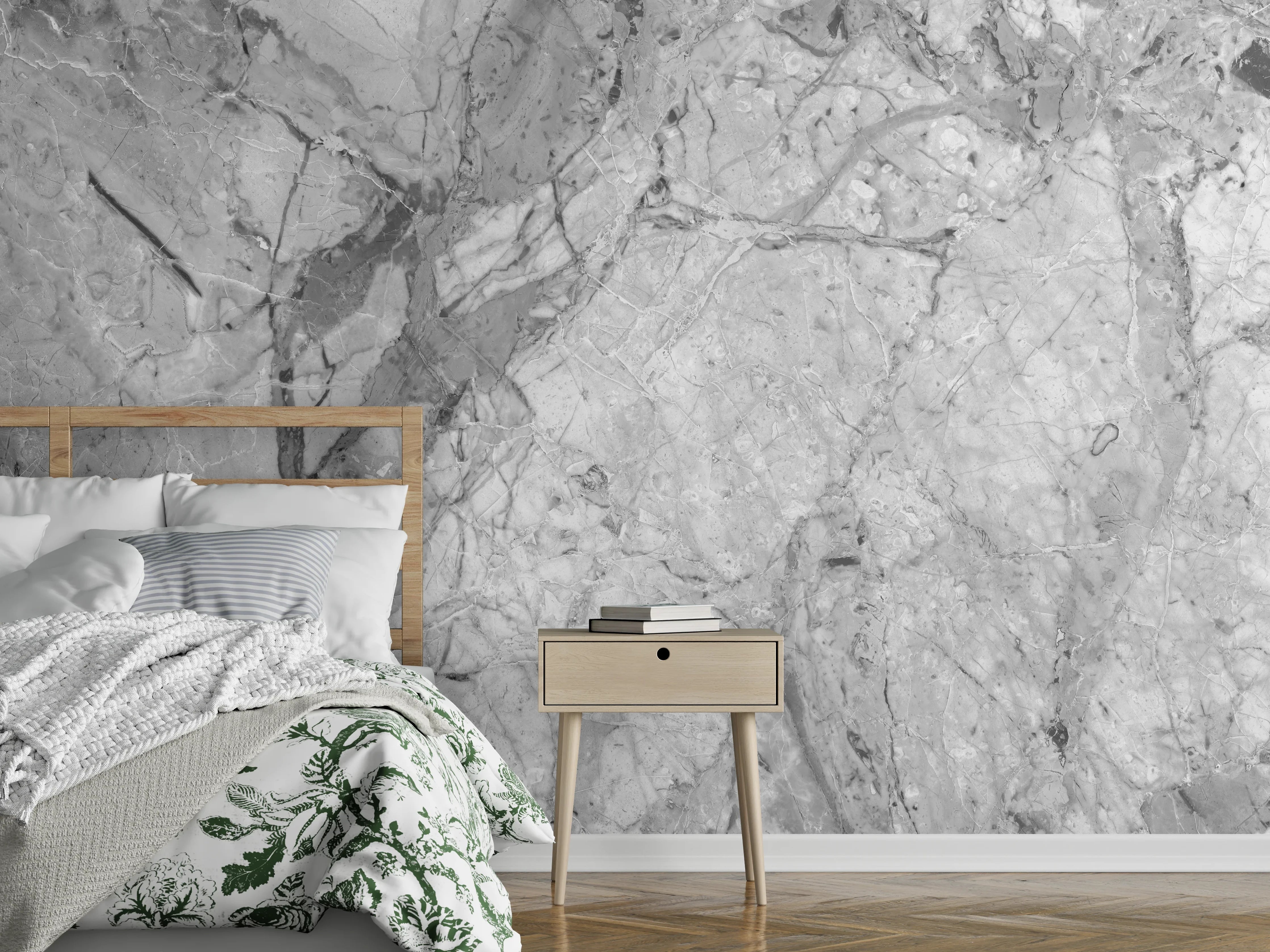 Wandverkleidung Schlafzimmer - Luxuriöse Marmorstruktur in Weißgrau