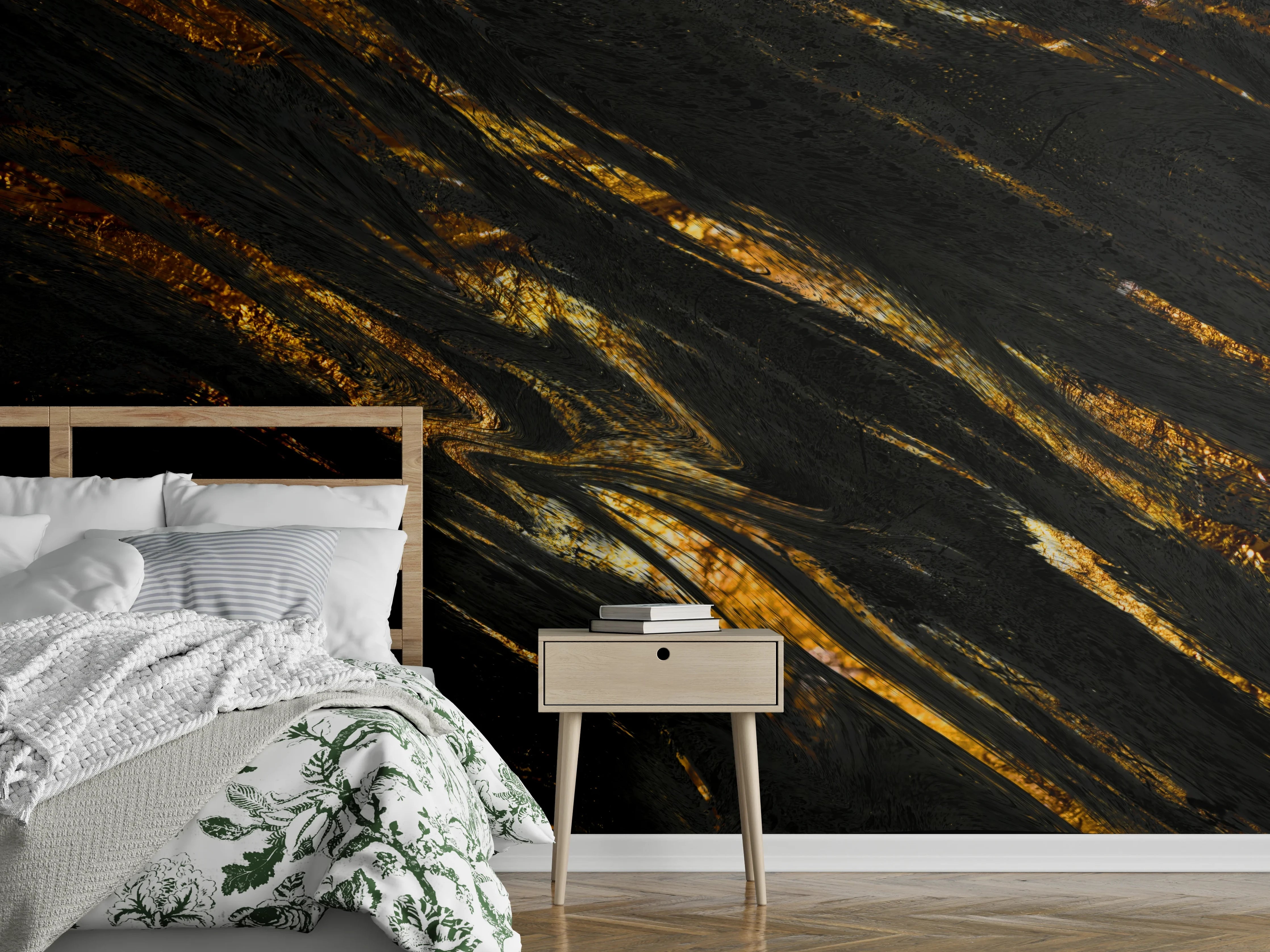 Wandverkleidung Schlafzimmer - Luxus Gold Marmor-Holz Textur