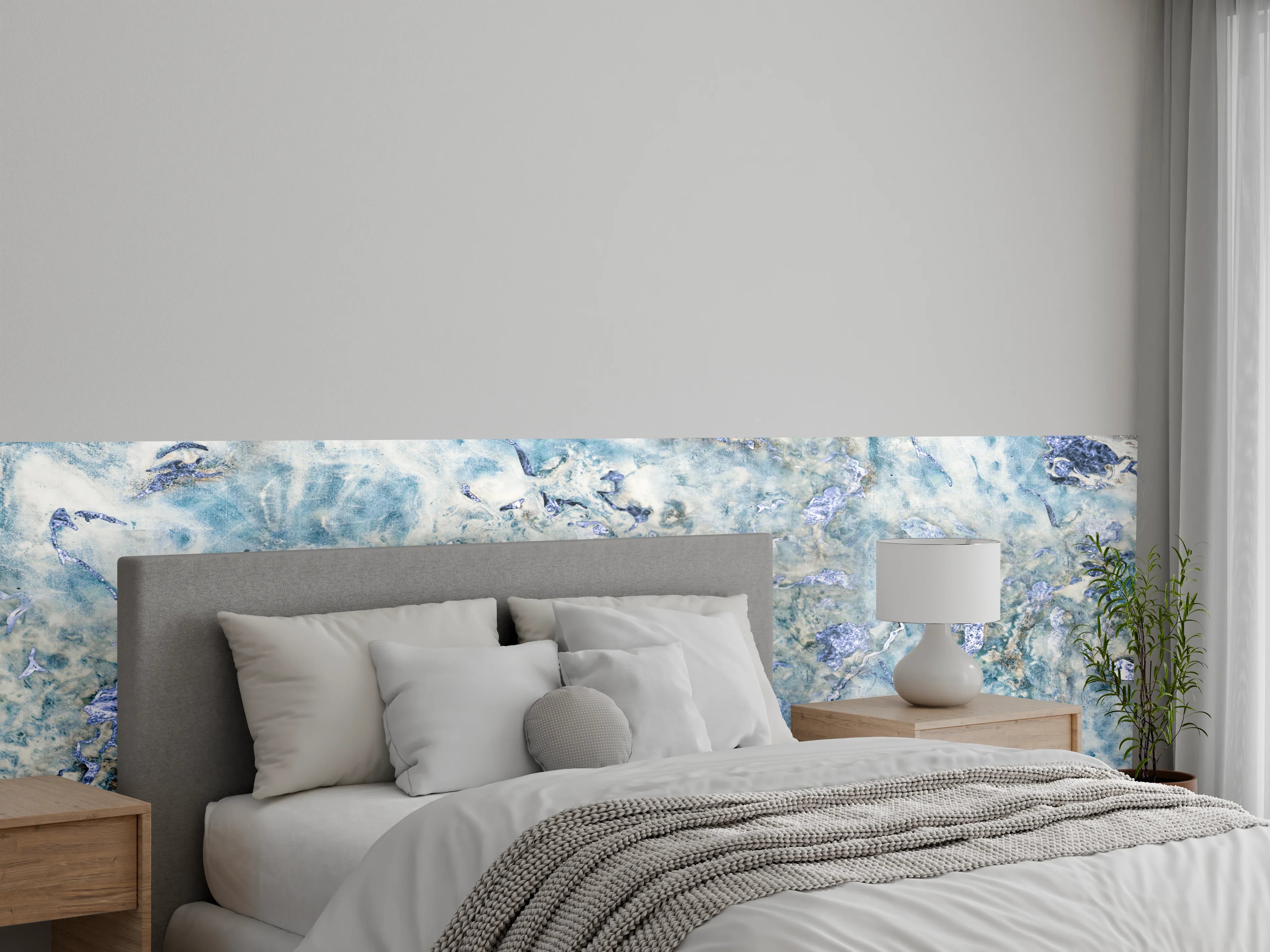 Wandverkleidung Schlafzimmer - Luxus-Marmoroptik in Blau und Grau