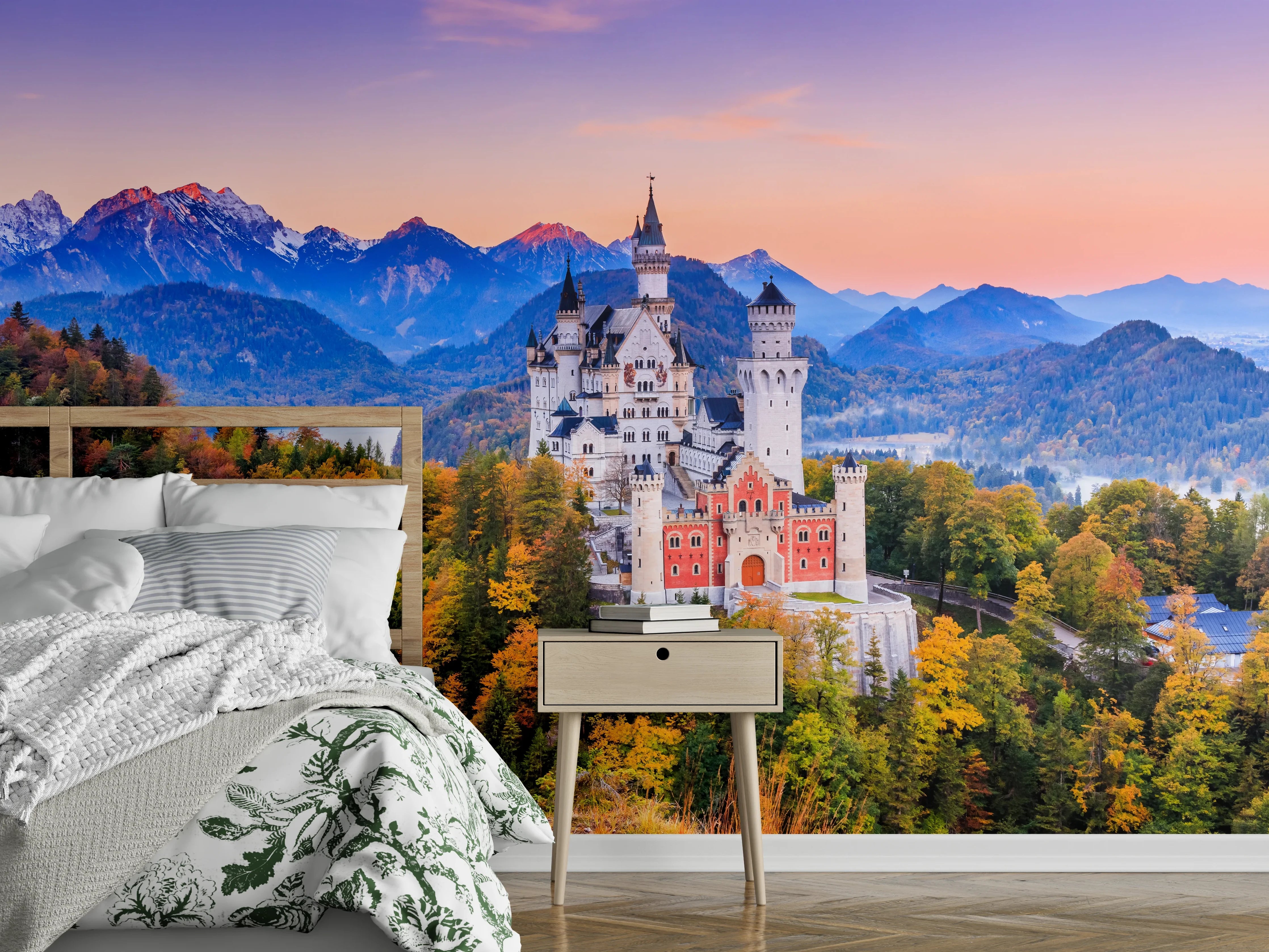 Wandverkleidung Schlafzimmer - Märchenschloss Neuschwanstein bei Sonnenuntergang