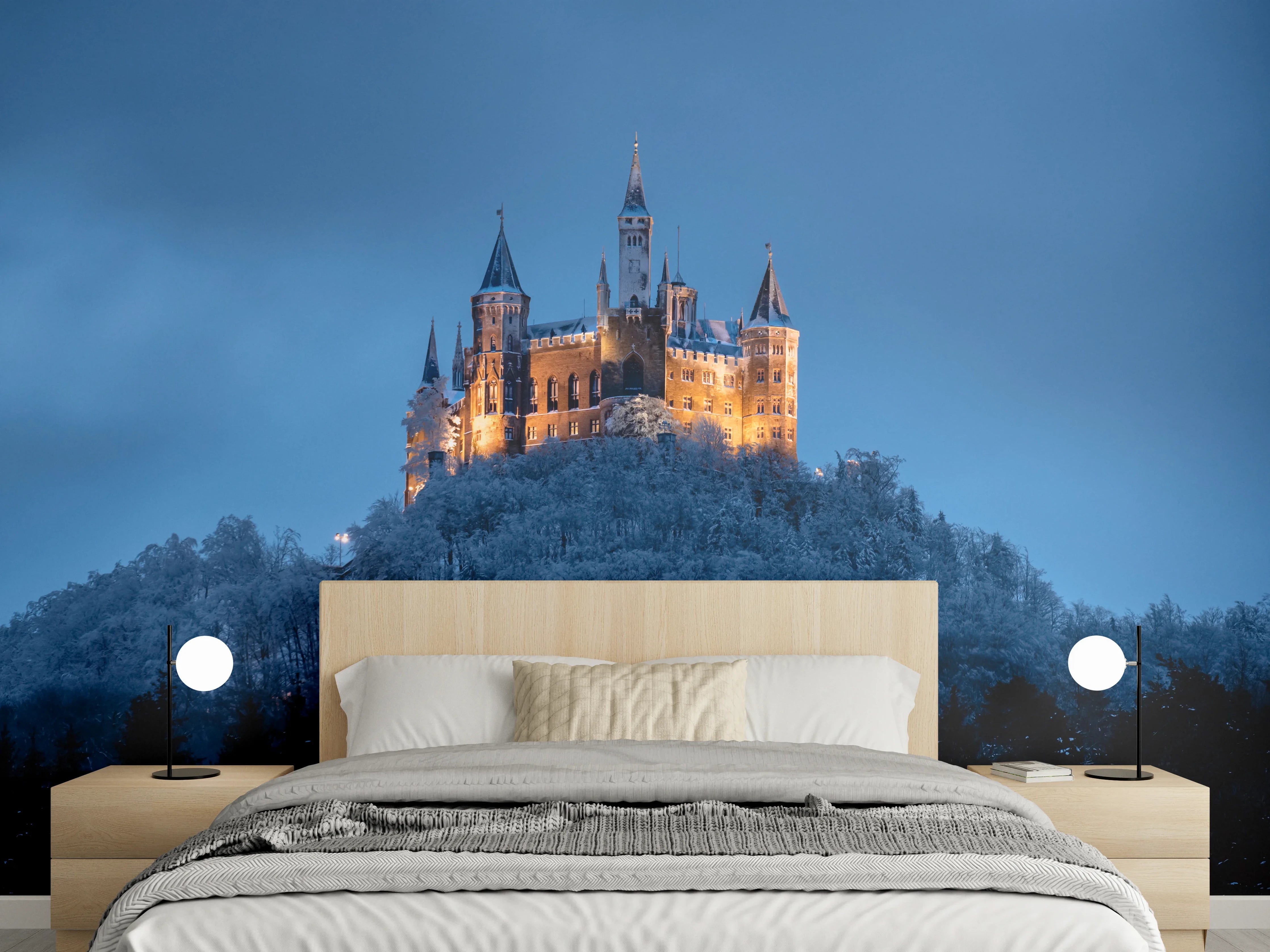 Wandverkleidung Schlafzimmer - Märchenschloss im Winter bei Nacht