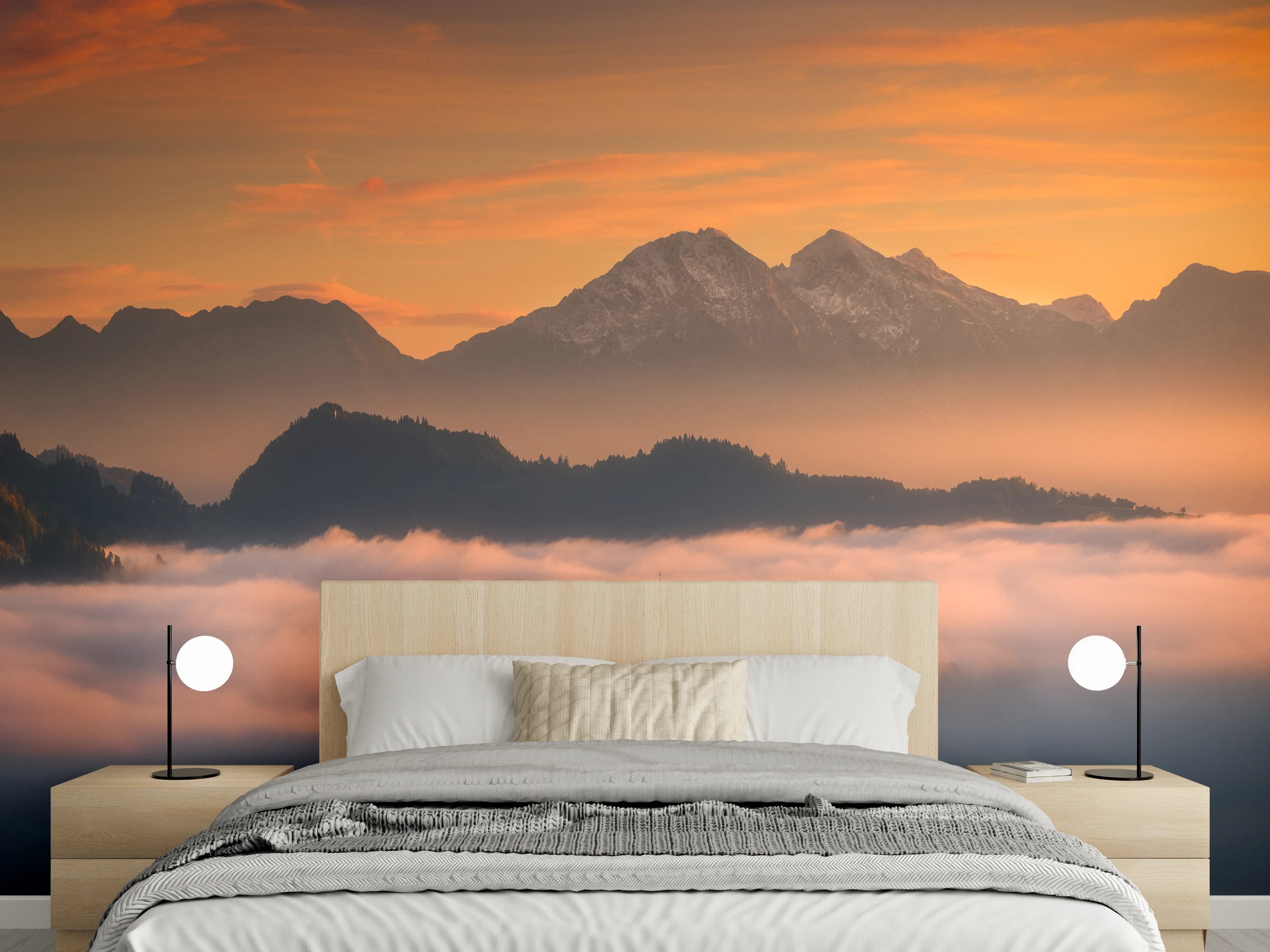 Wandverkleidung Schlafzimmer - Magische Berglandschaft im Nebel
