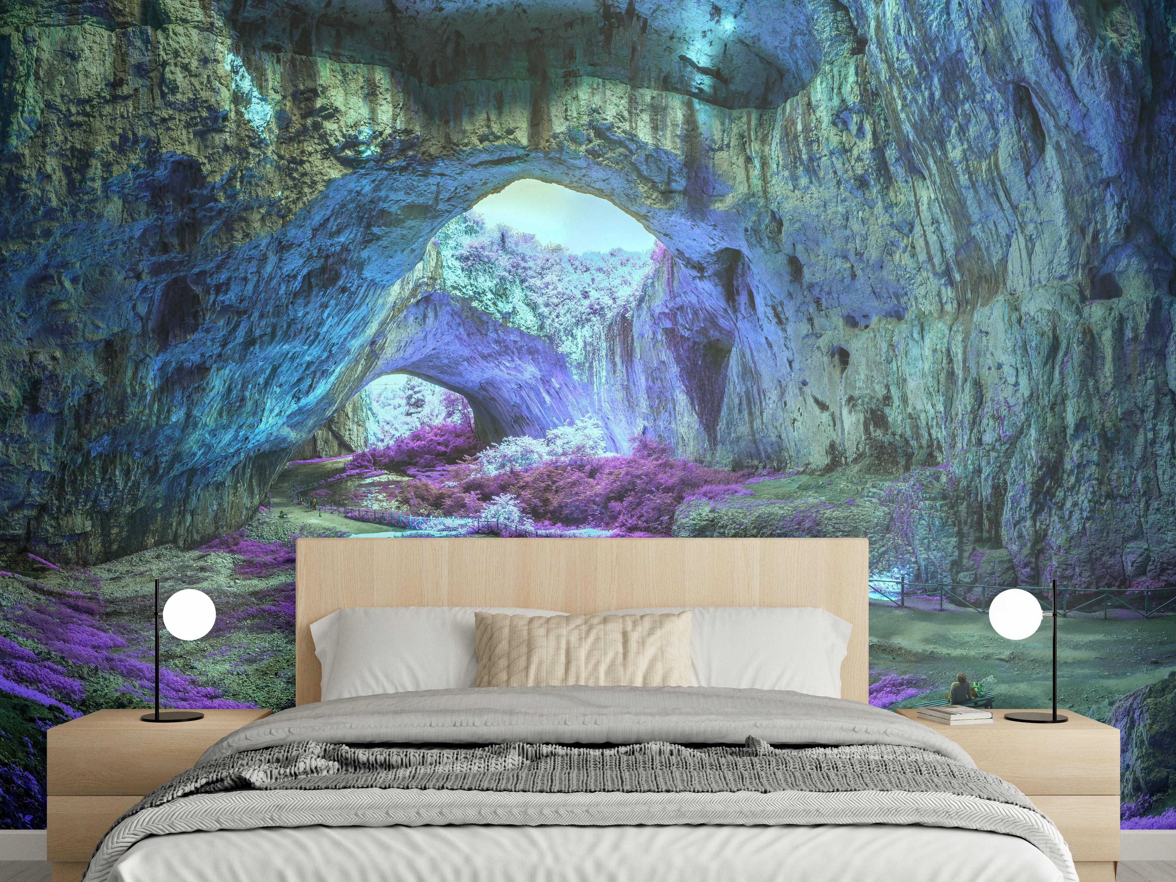 Wandverkleidung Schlafzimmer - Magische Fantasiehöhle mit violettem Glanz