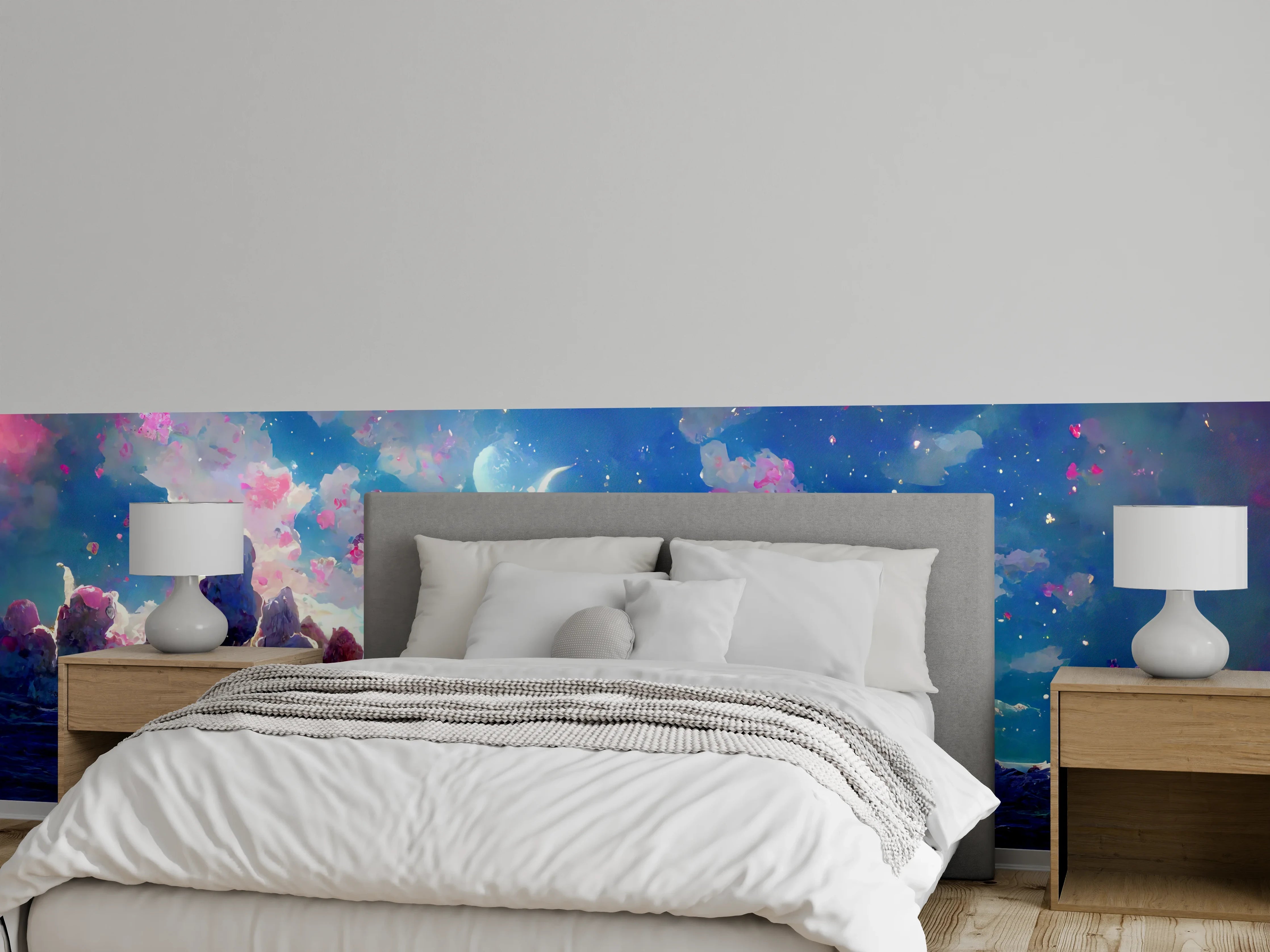 Wandverkleidung Schlafzimmer - Magische Himmelslandschaft Rosa Blau