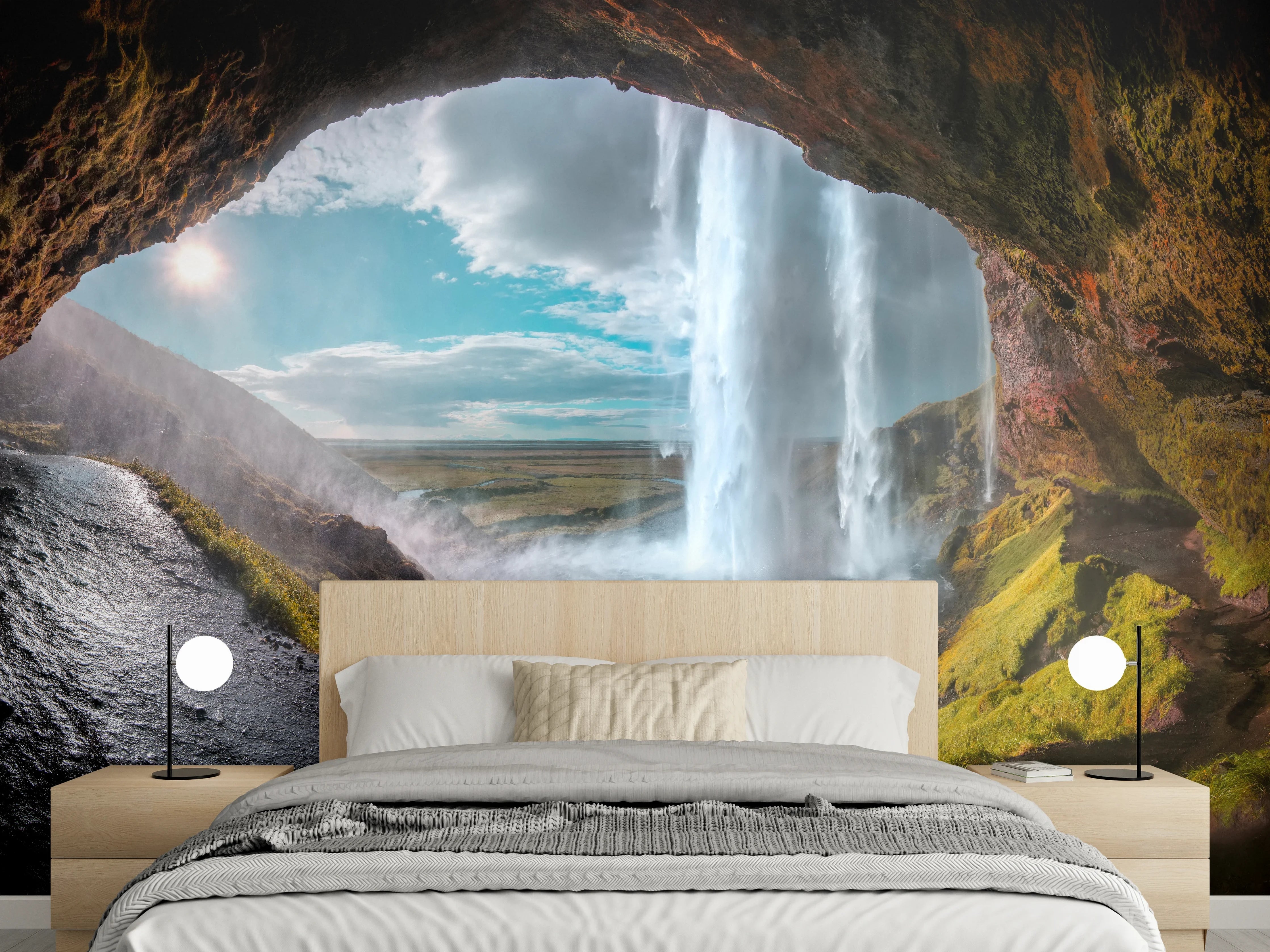 Wandverkleidung Schlafzimmer - Magische Wasserfall-Höhle Panorama