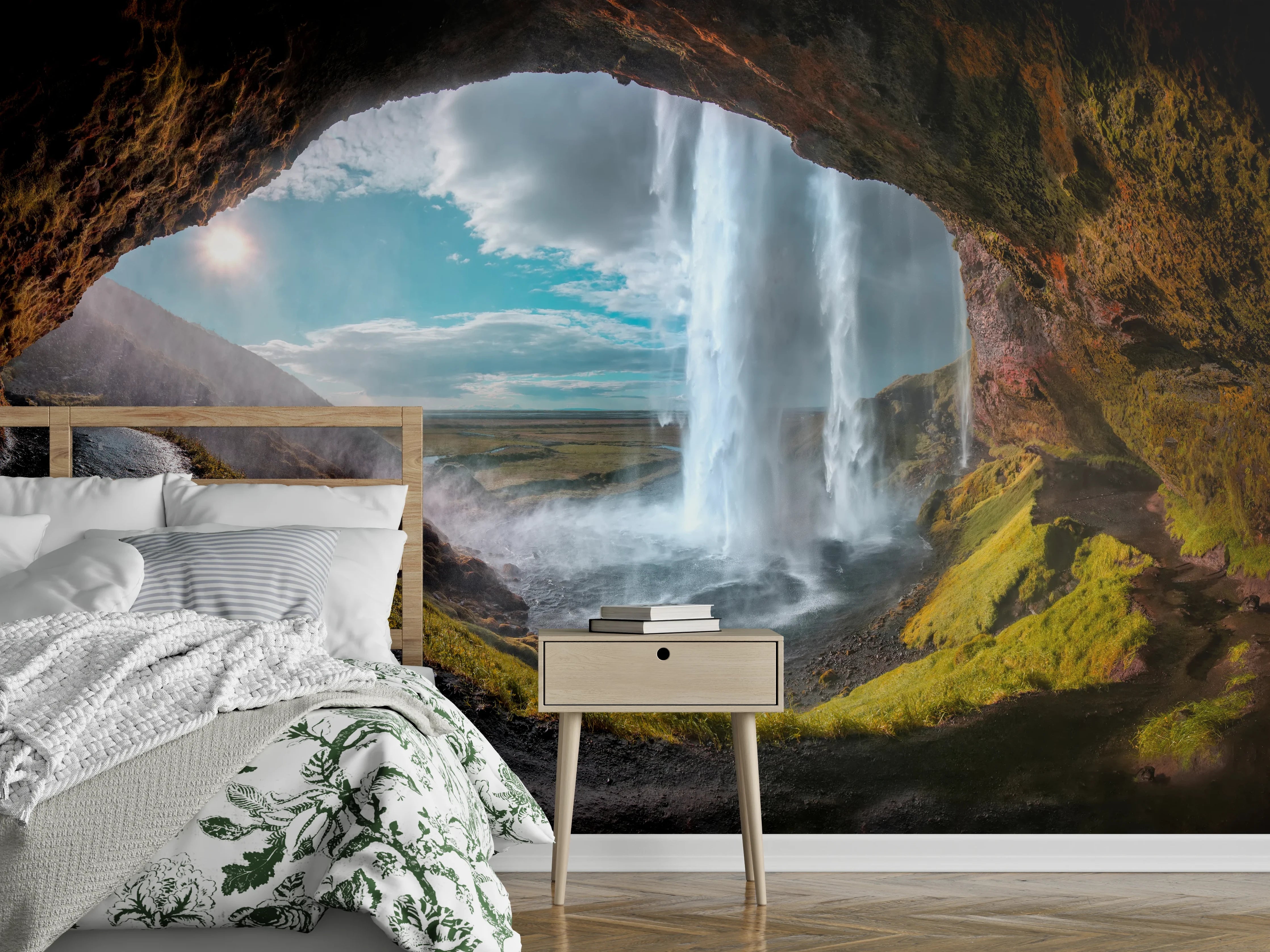 Wandverkleidung Schlafzimmer - Magische Wasserfall-Höhle Panorama