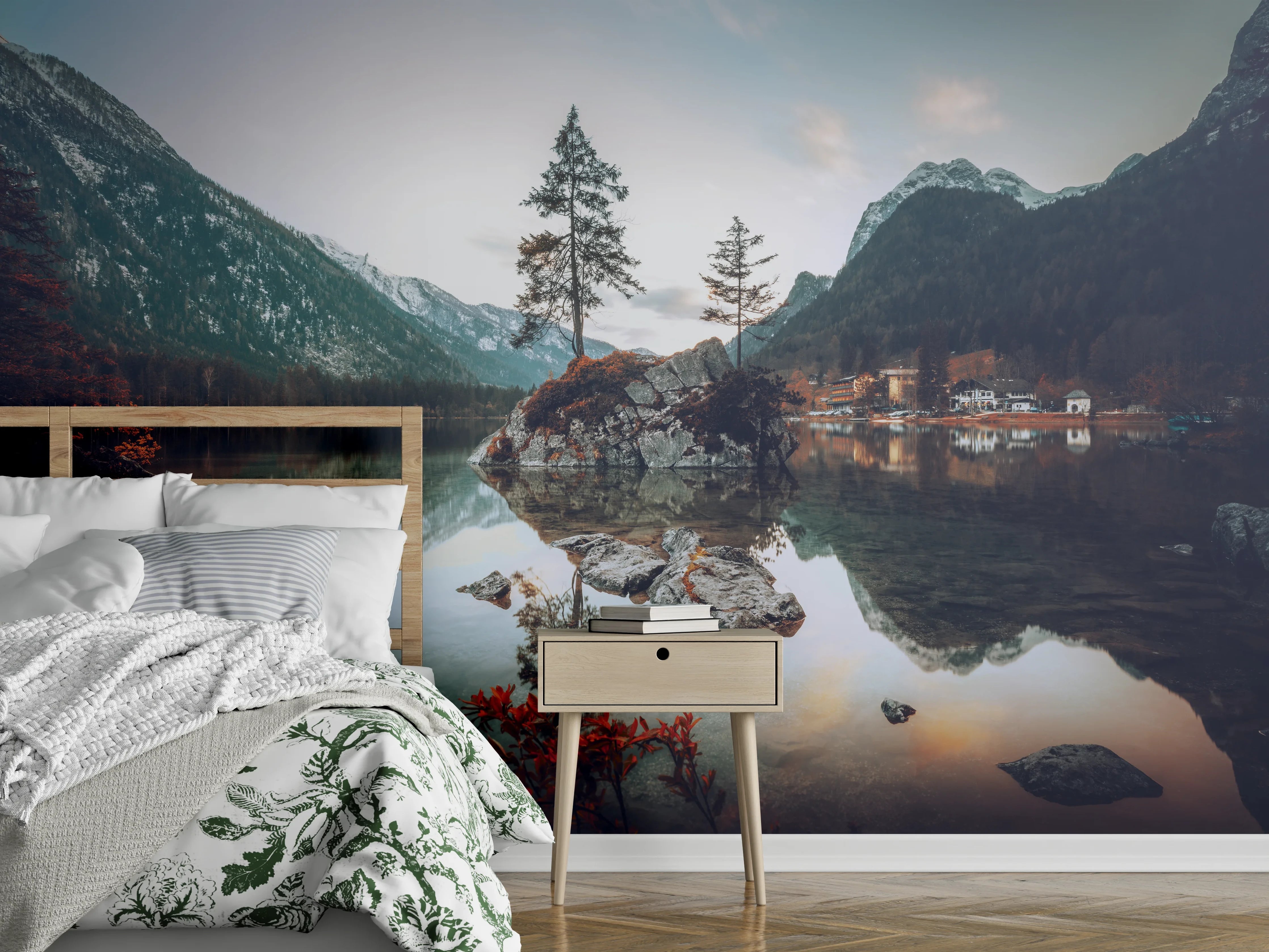 Wandverkleidung Schlafzimmer - Magischer Bergsee mit Spiegelung