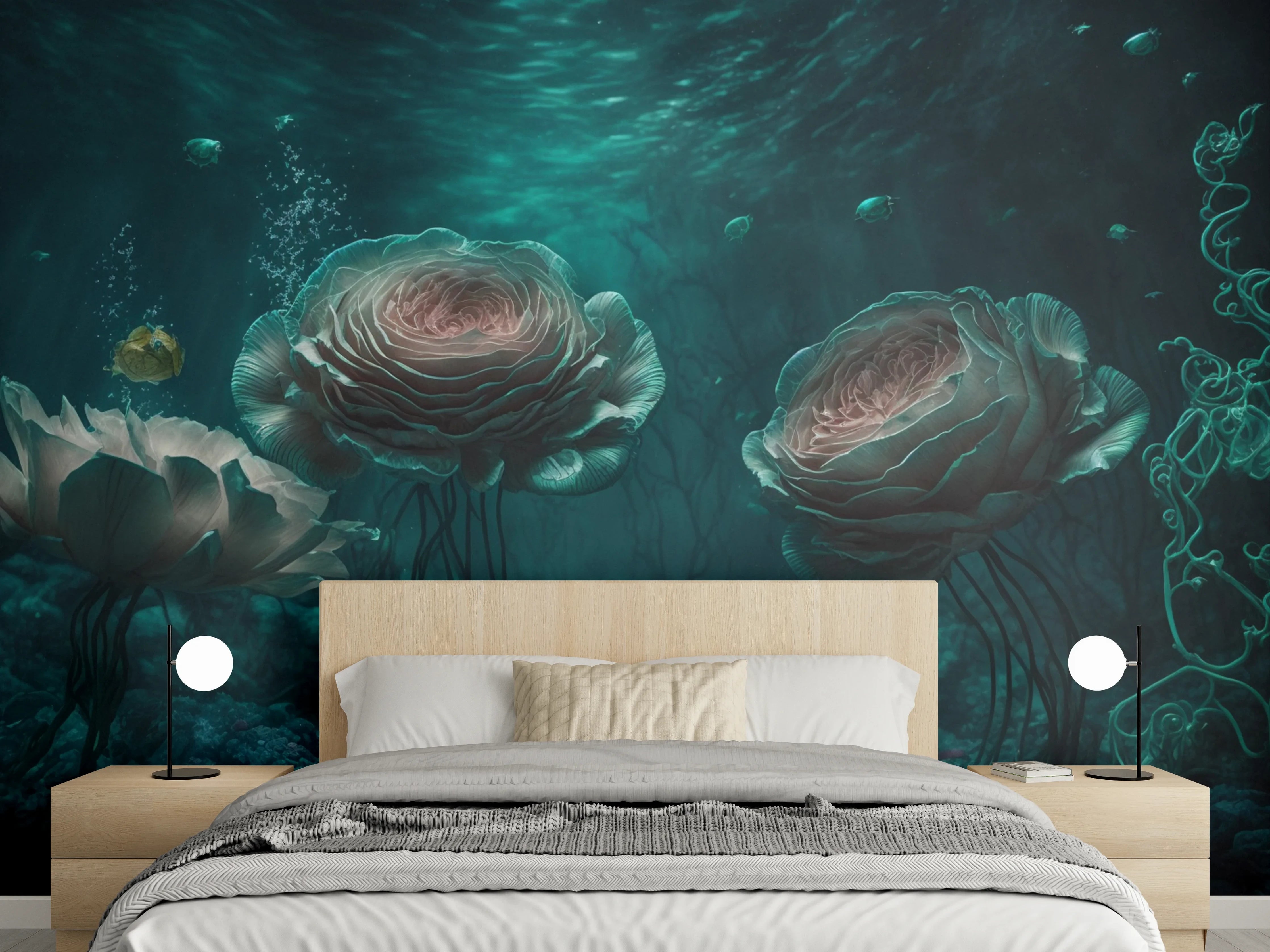 Wandverkleidung Schlafzimmer - Magischer Ozean: Fantastische Unterwasserrosen