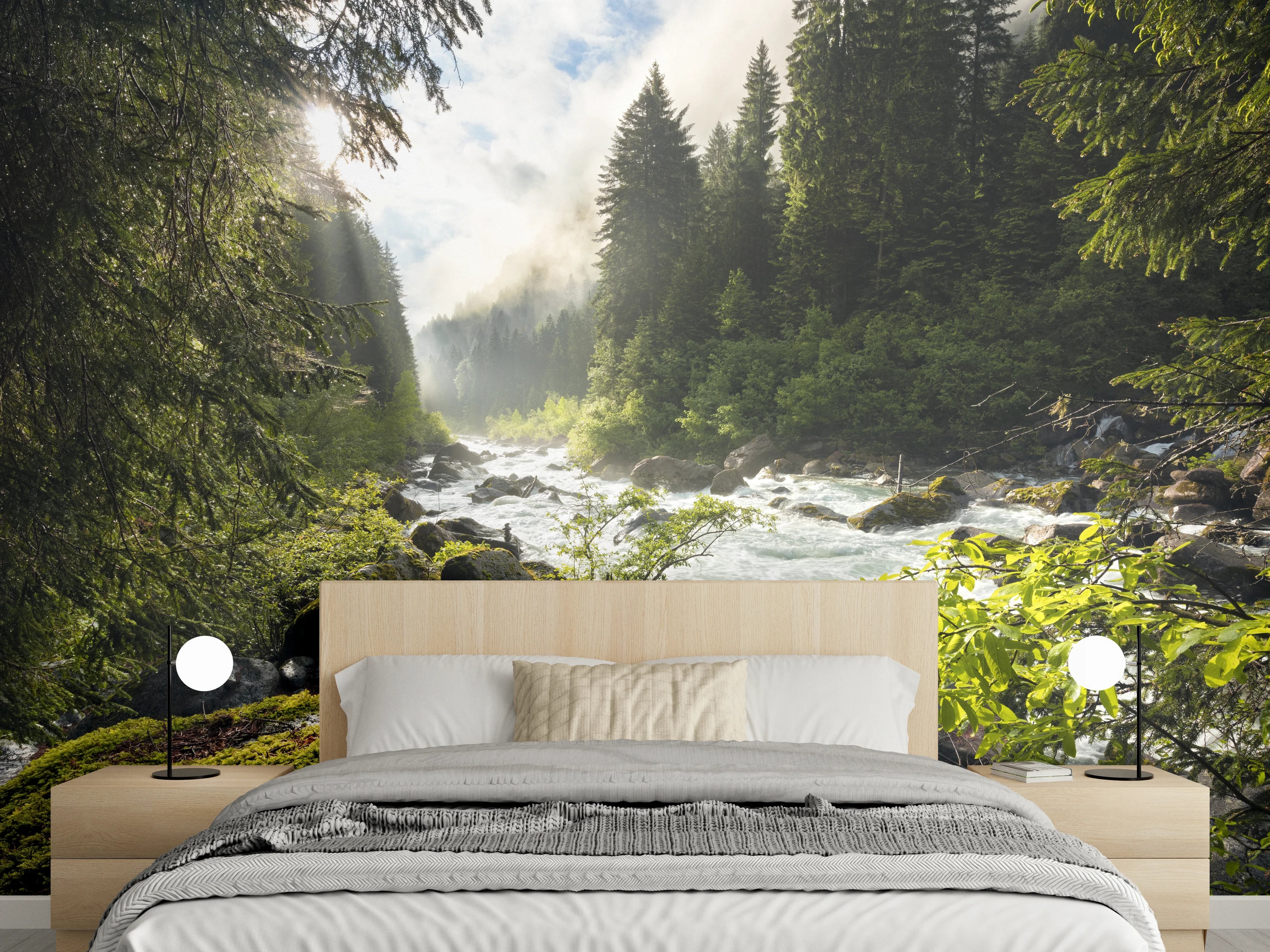 Wandverkleidung Schlafzimmer - Magischer Wald mit Gebirgsbach