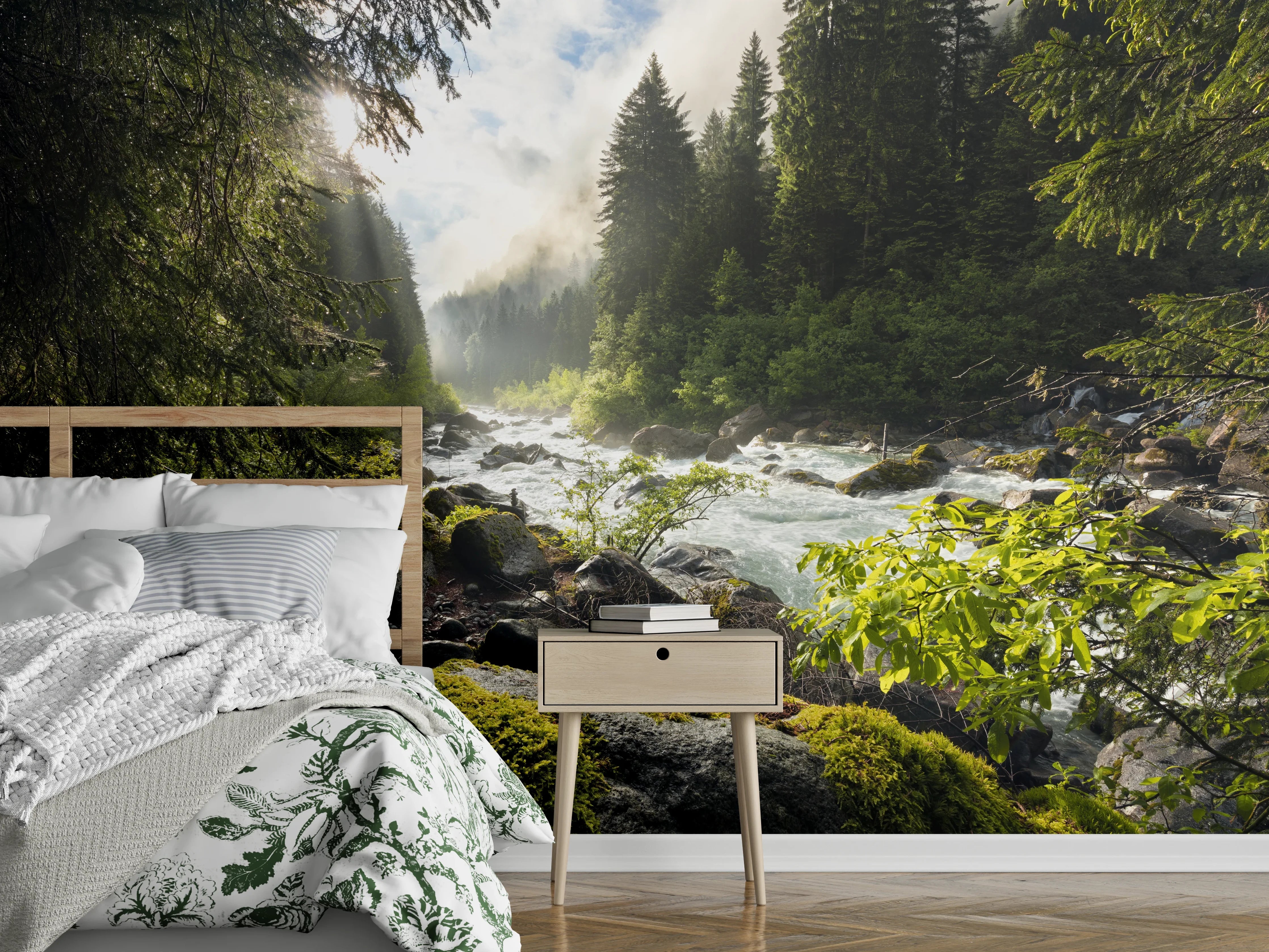 Wandverkleidung Schlafzimmer - Magischer Wald mit Gebirgsbach