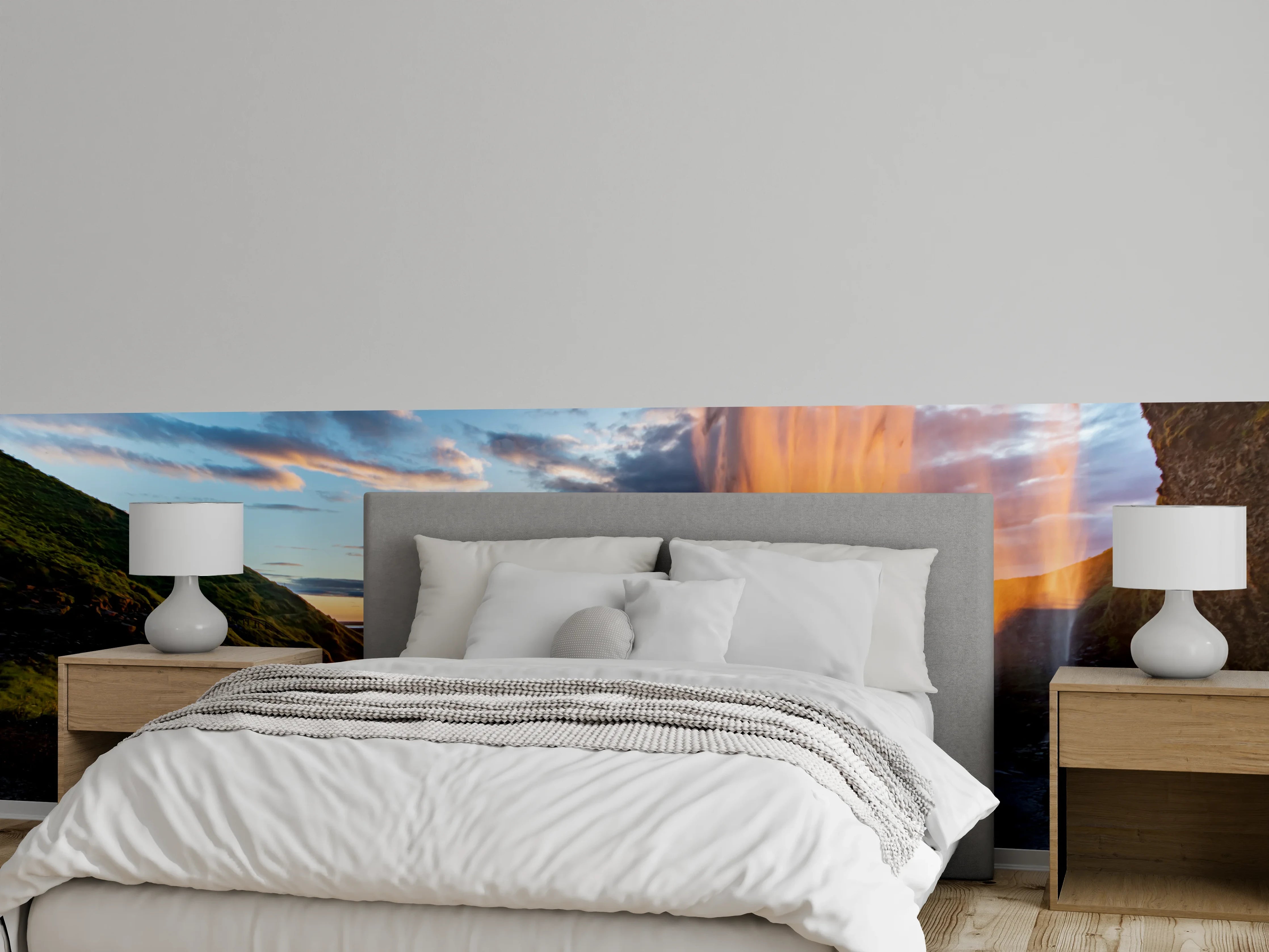 Wandverkleidung Schlafzimmer - Magischer Wasserfall im Sonnenuntergang