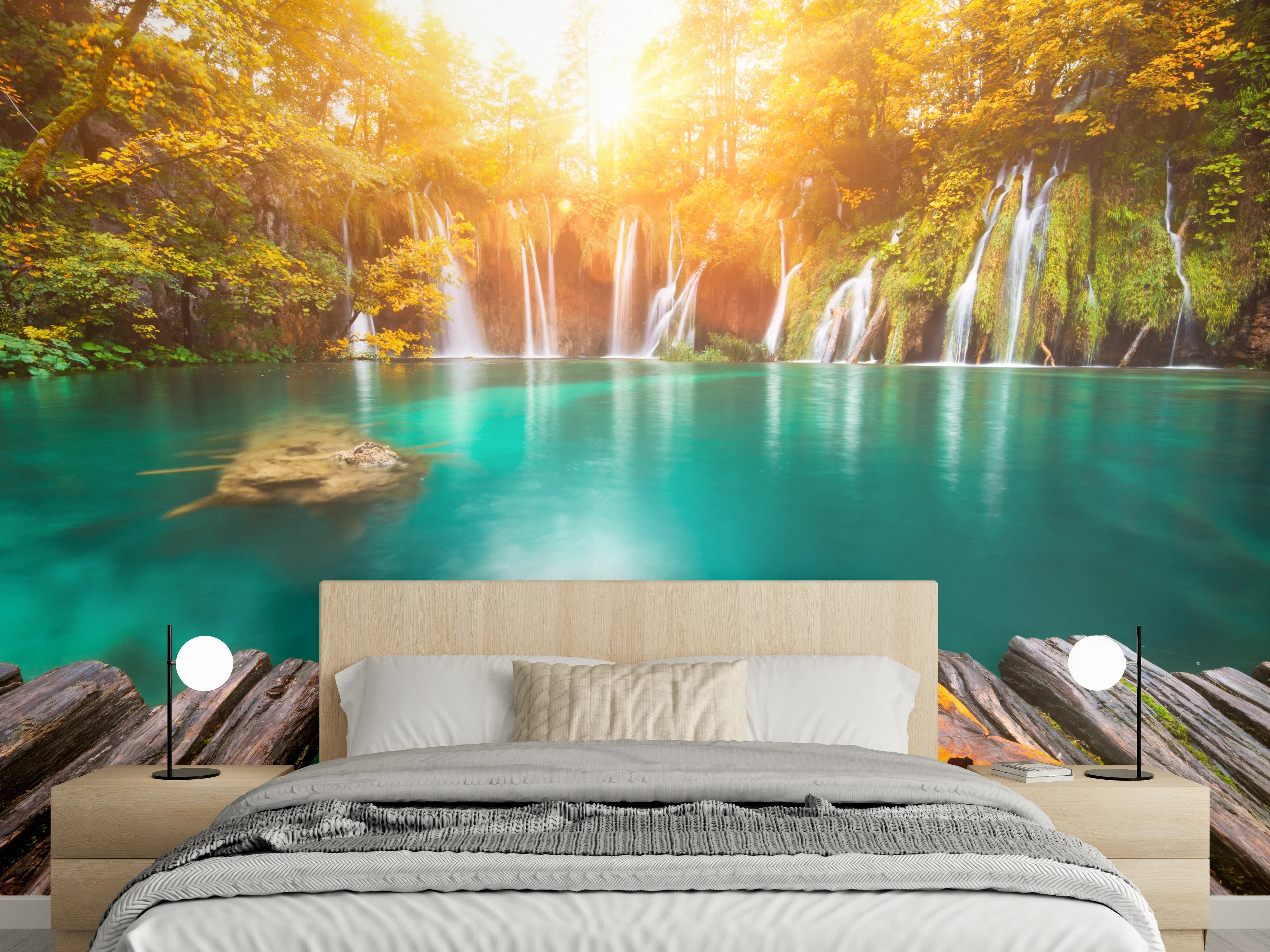 Wandverkleidung Schlafzimmer - Magischer Wasserfall im goldenen Herbstwald