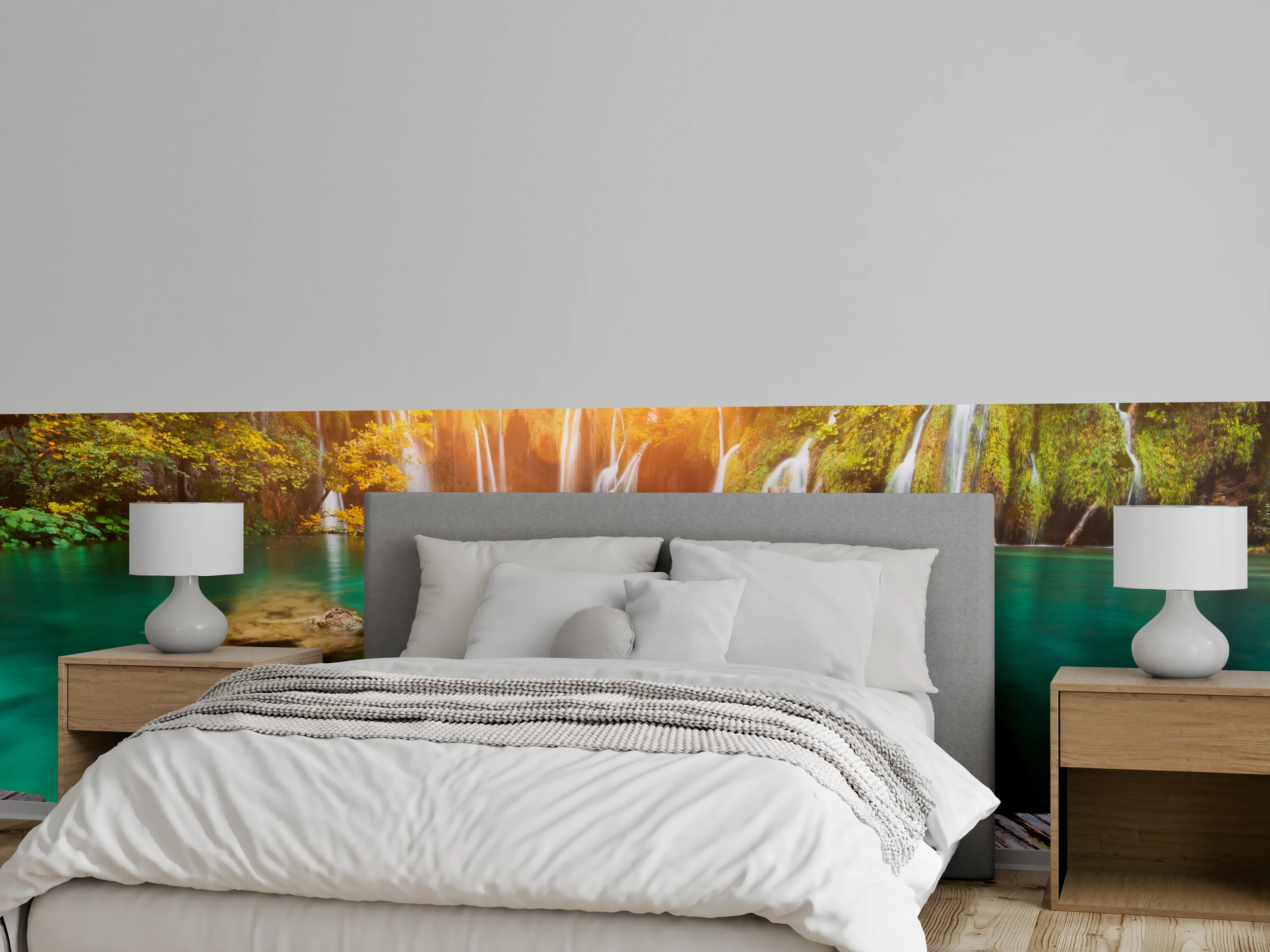 Wandverkleidung Schlafzimmer - Magischer Wasserfall im goldenen Herbstwald