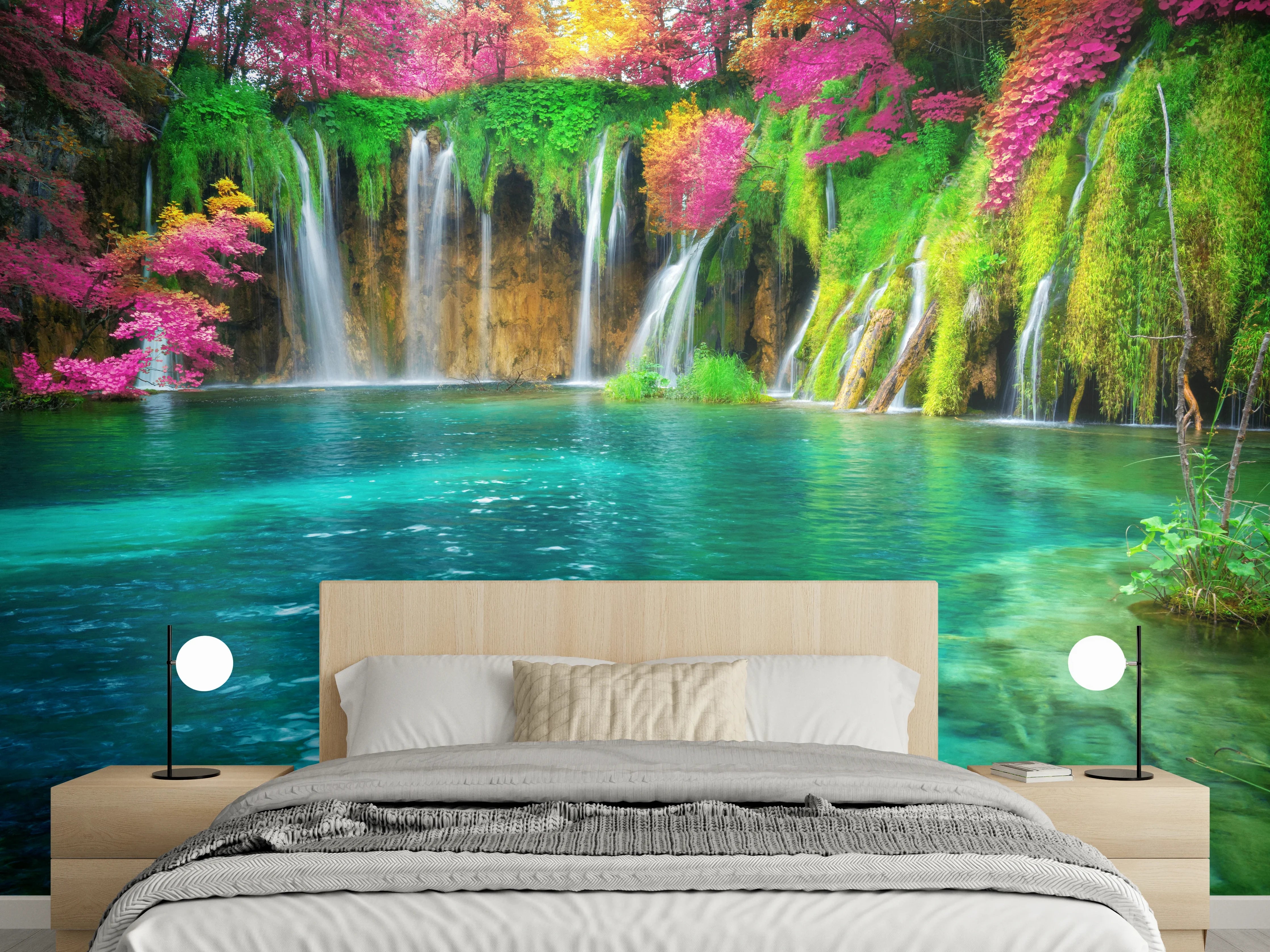 Wandverkleidung Schlafzimmer - Magischer Wasserfall mit leuchtenden Farben