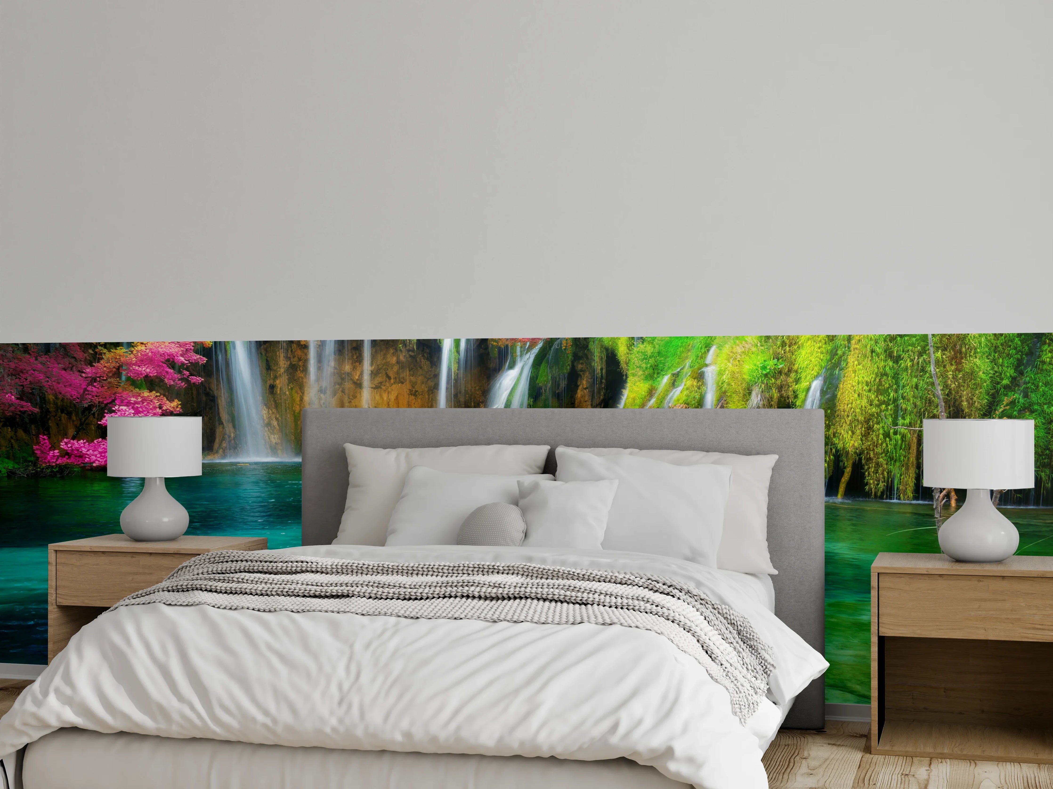 Wandverkleidung Schlafzimmer - Magischer Wasserfall mit leuchtenden Farben
