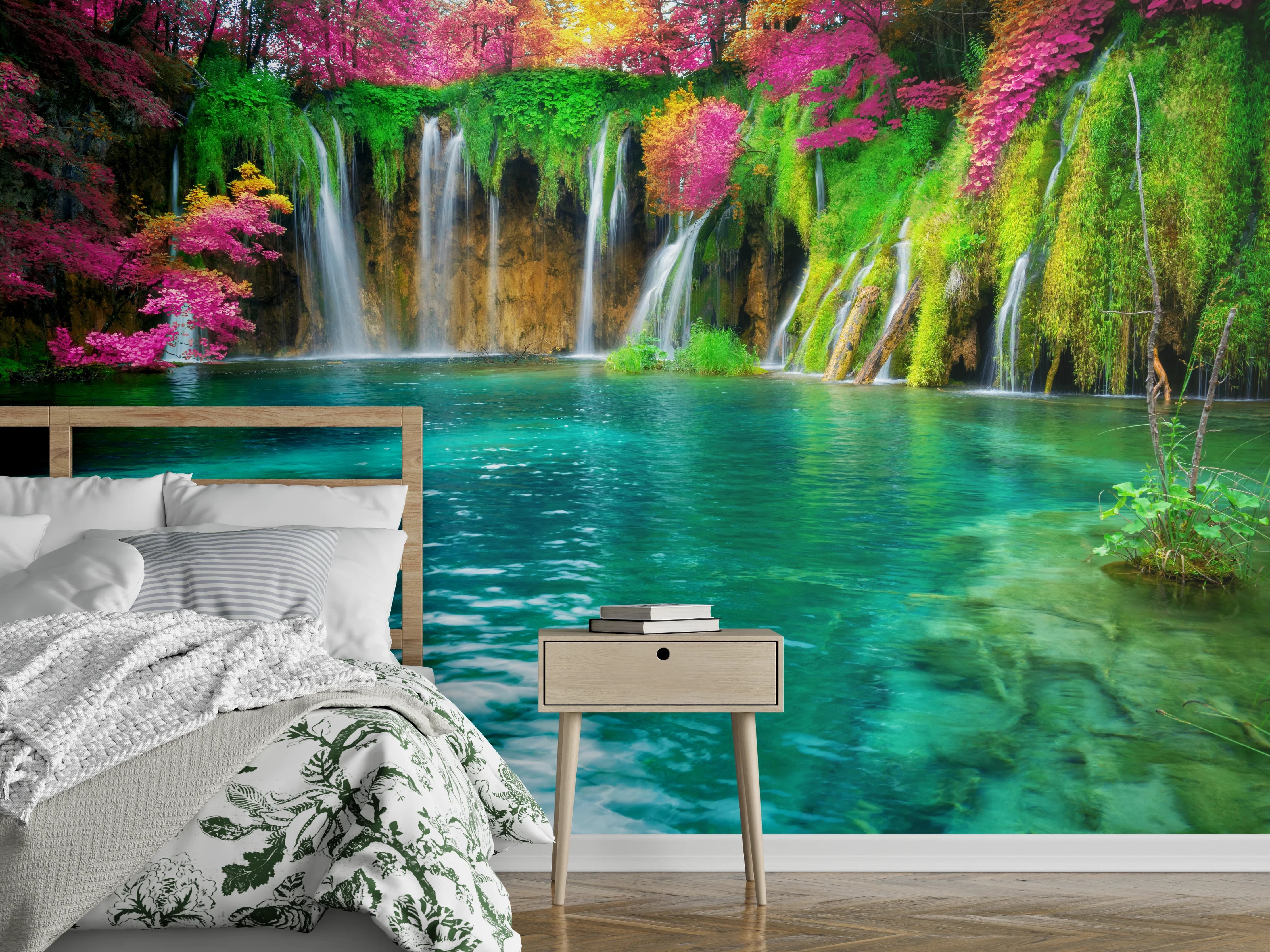 Wandverkleidung Schlafzimmer - Magischer Wasserfall mit leuchtenden Farben
