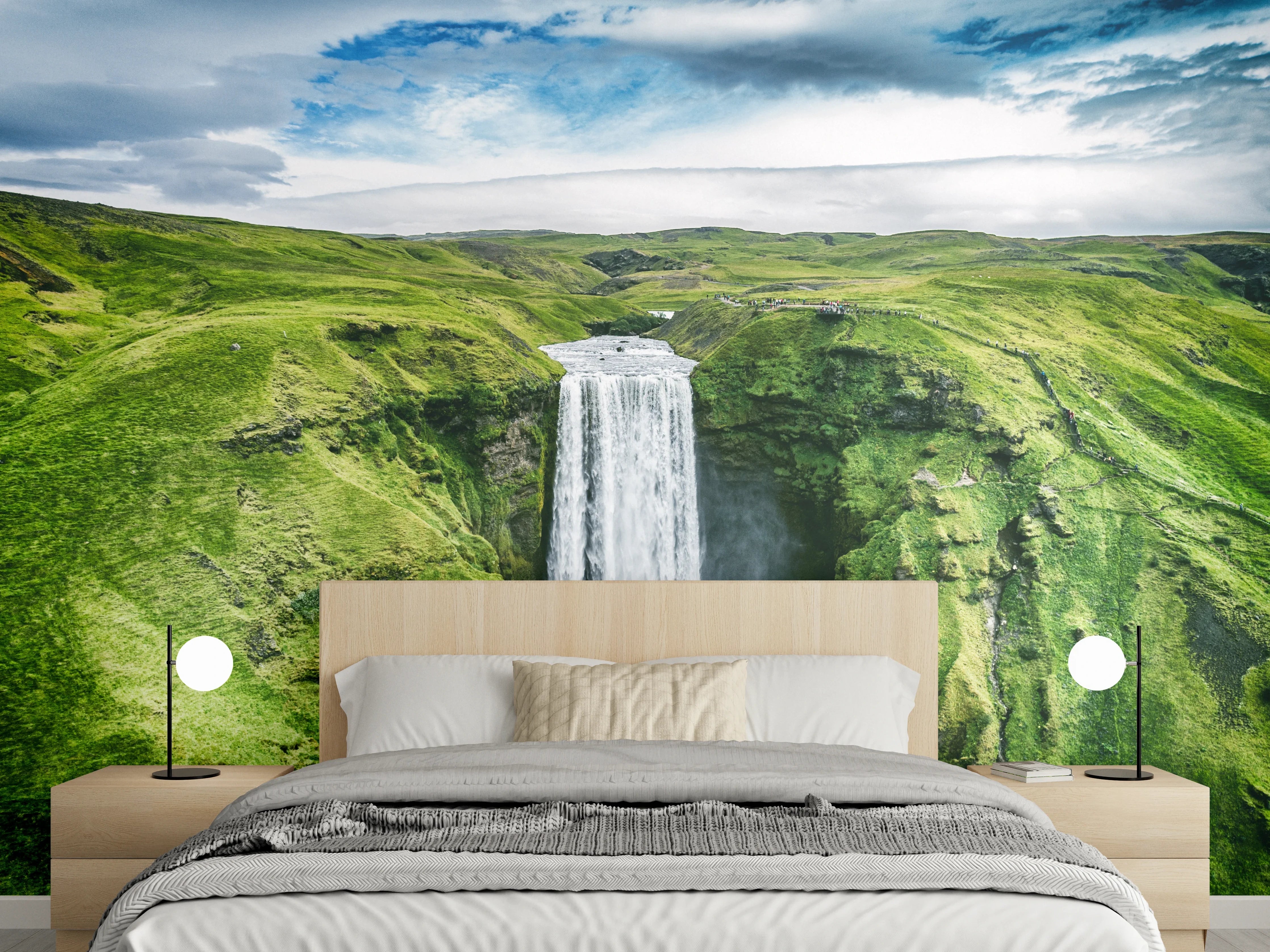 Wandverkleidung Schlafzimmer - Majestätischer Wasserfall Island Sommer