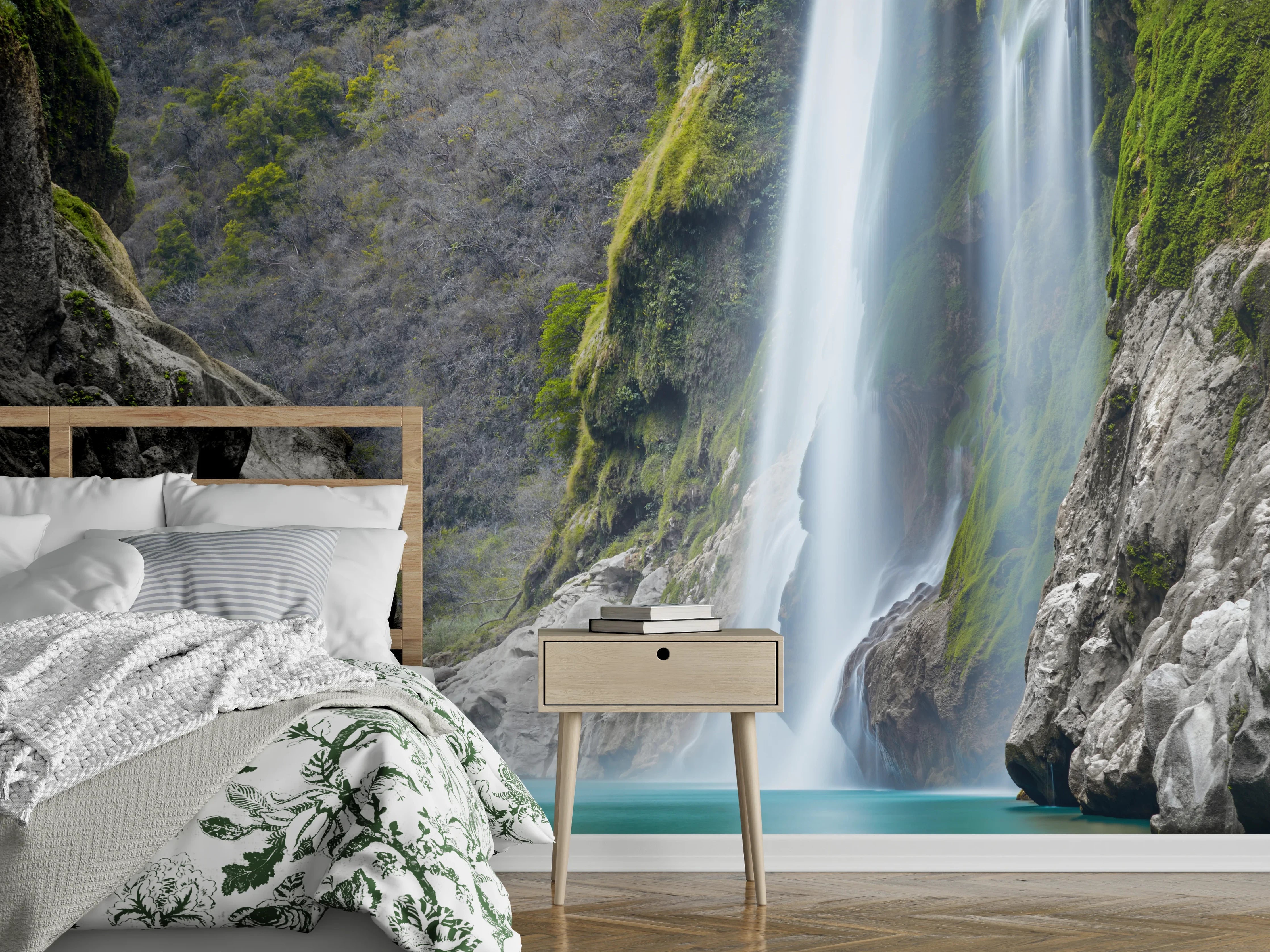 Wandverkleidung Schlafzimmer - Majestätischer Wasserfall in türkisblauer Lagune