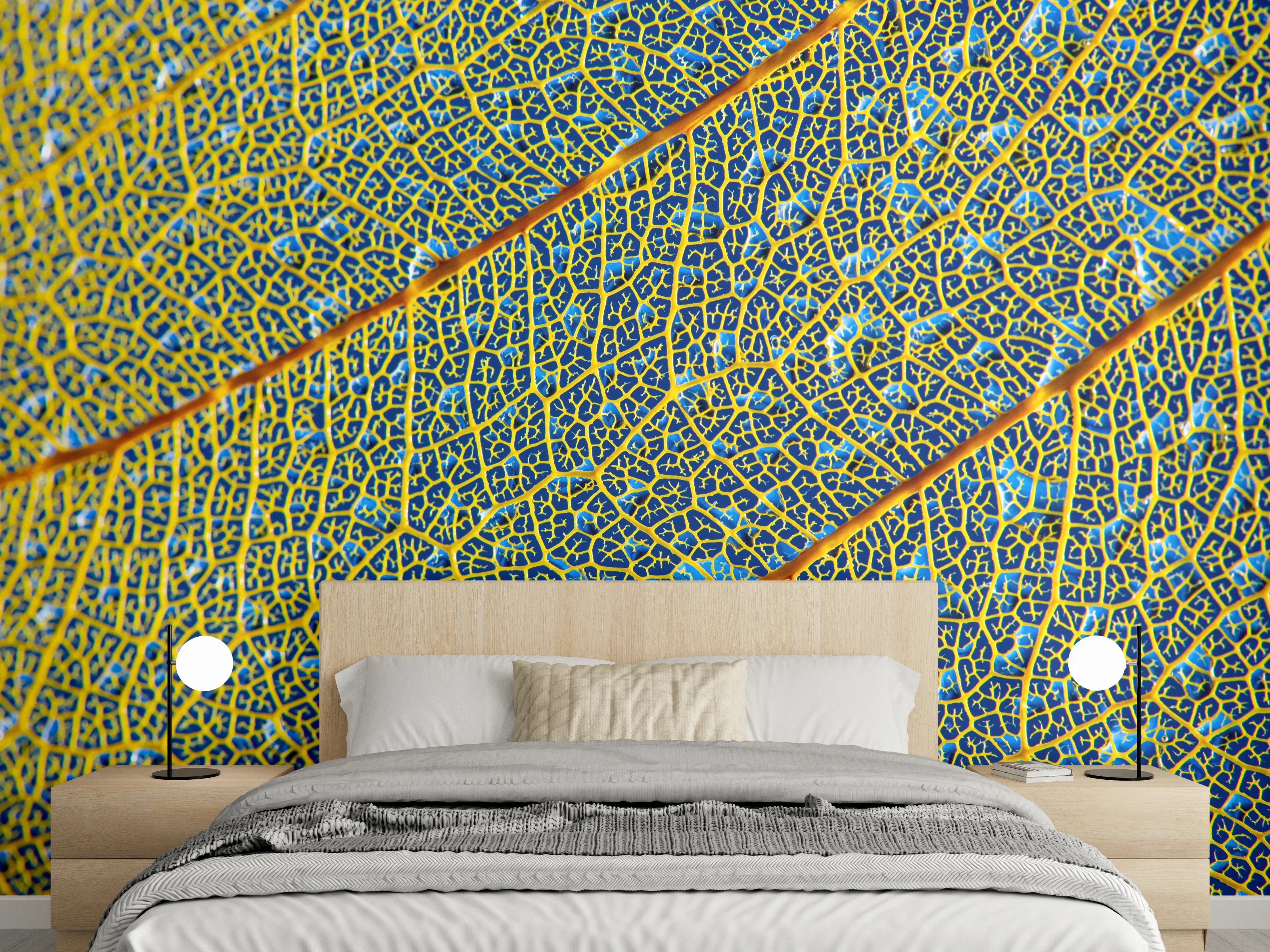 Wandverkleidung Schlafzimmer - Makroaufnahme Blätter blau gelb modern