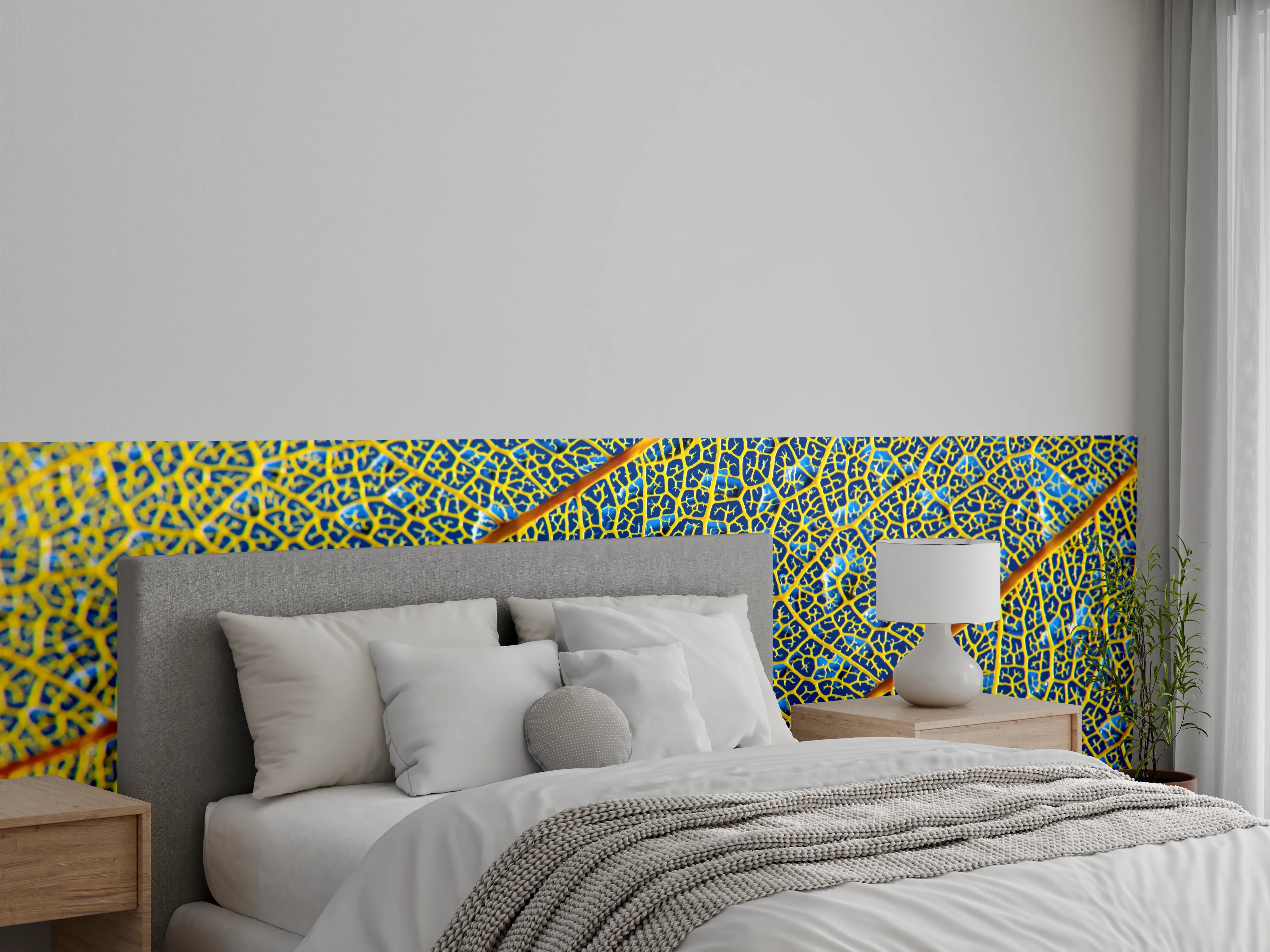 Wandverkleidung Schlafzimmer - Makroaufnahme Blätter blau gelb modern