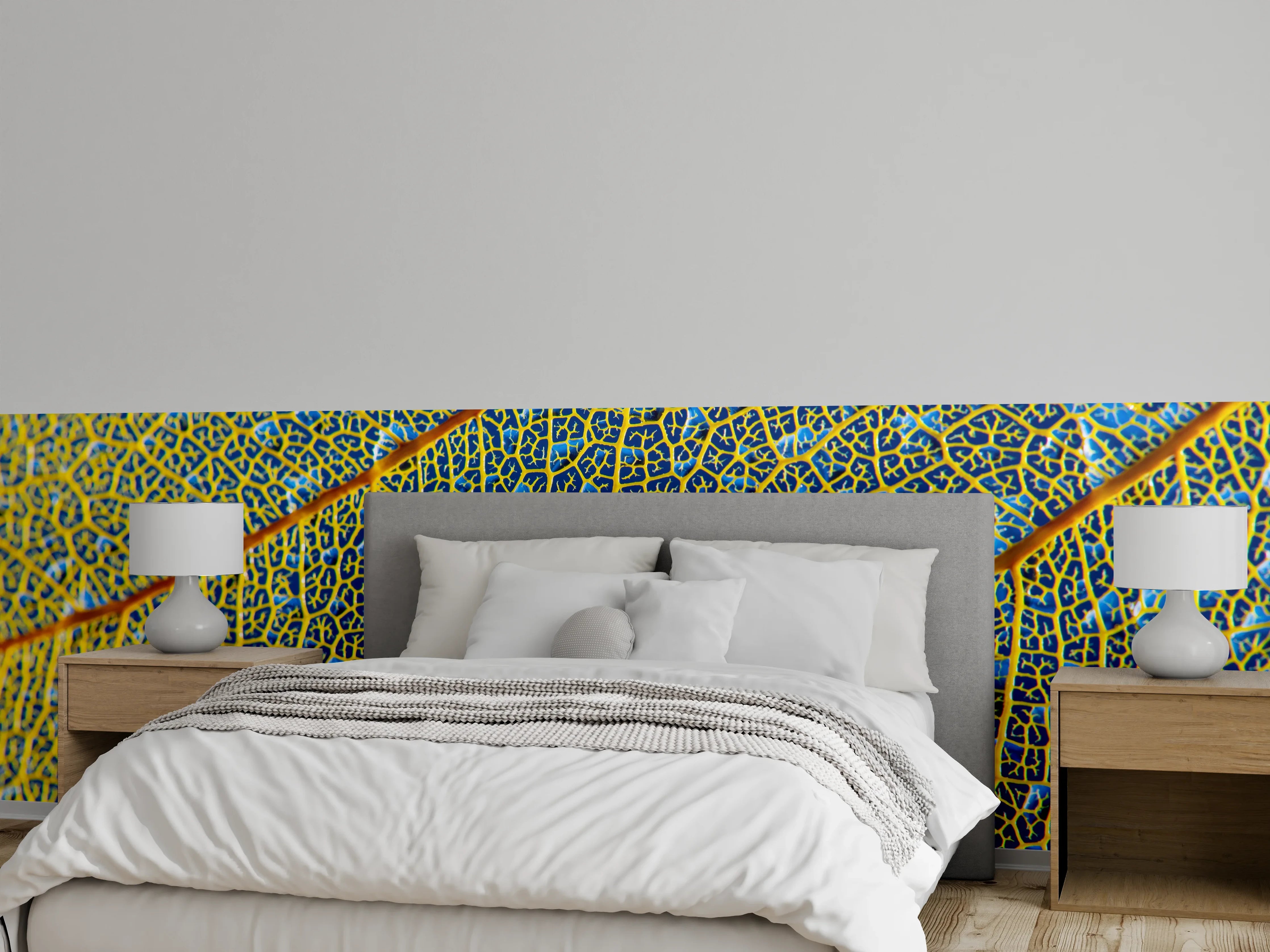 Wandverkleidung Schlafzimmer - Makroaufnahme Blätter blau gelb modern