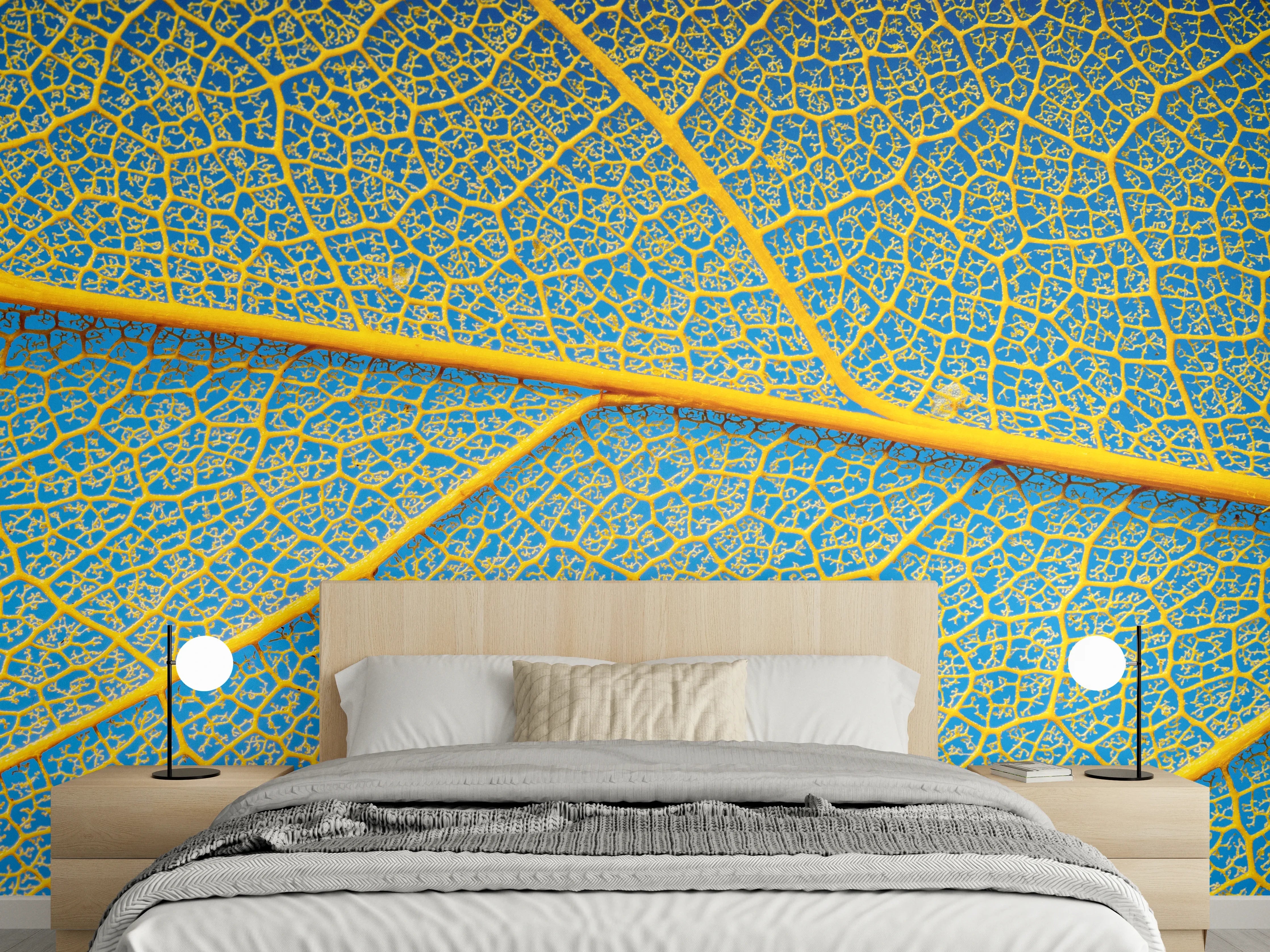 Wandverkleidung Schlafzimmer - Makroaufnahme Blattstruktur Gelb-Blau