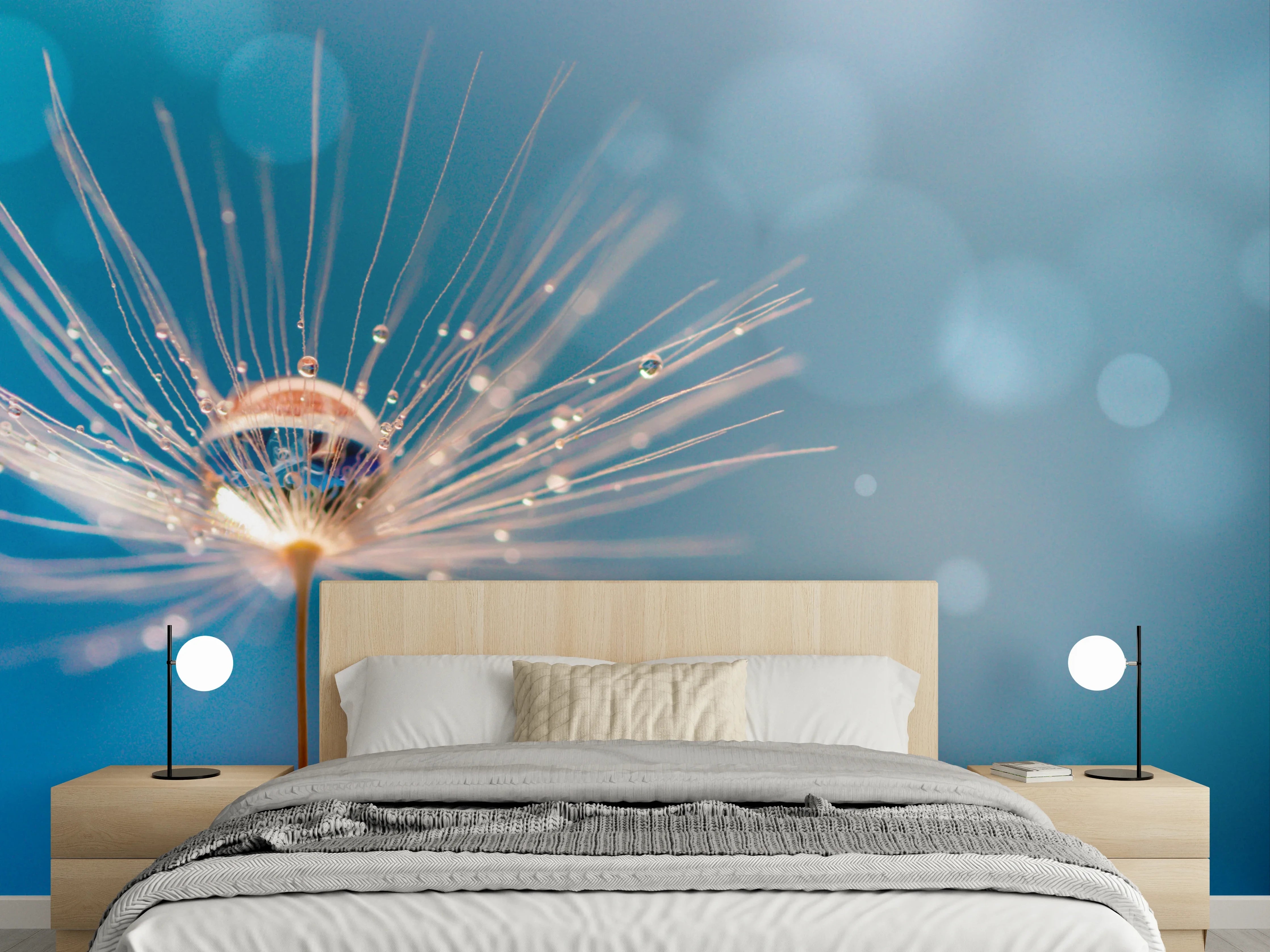 Wandverkleidung Schlafzimmer - Makroaufnahme Pusteblume Tau Tropfen Blau