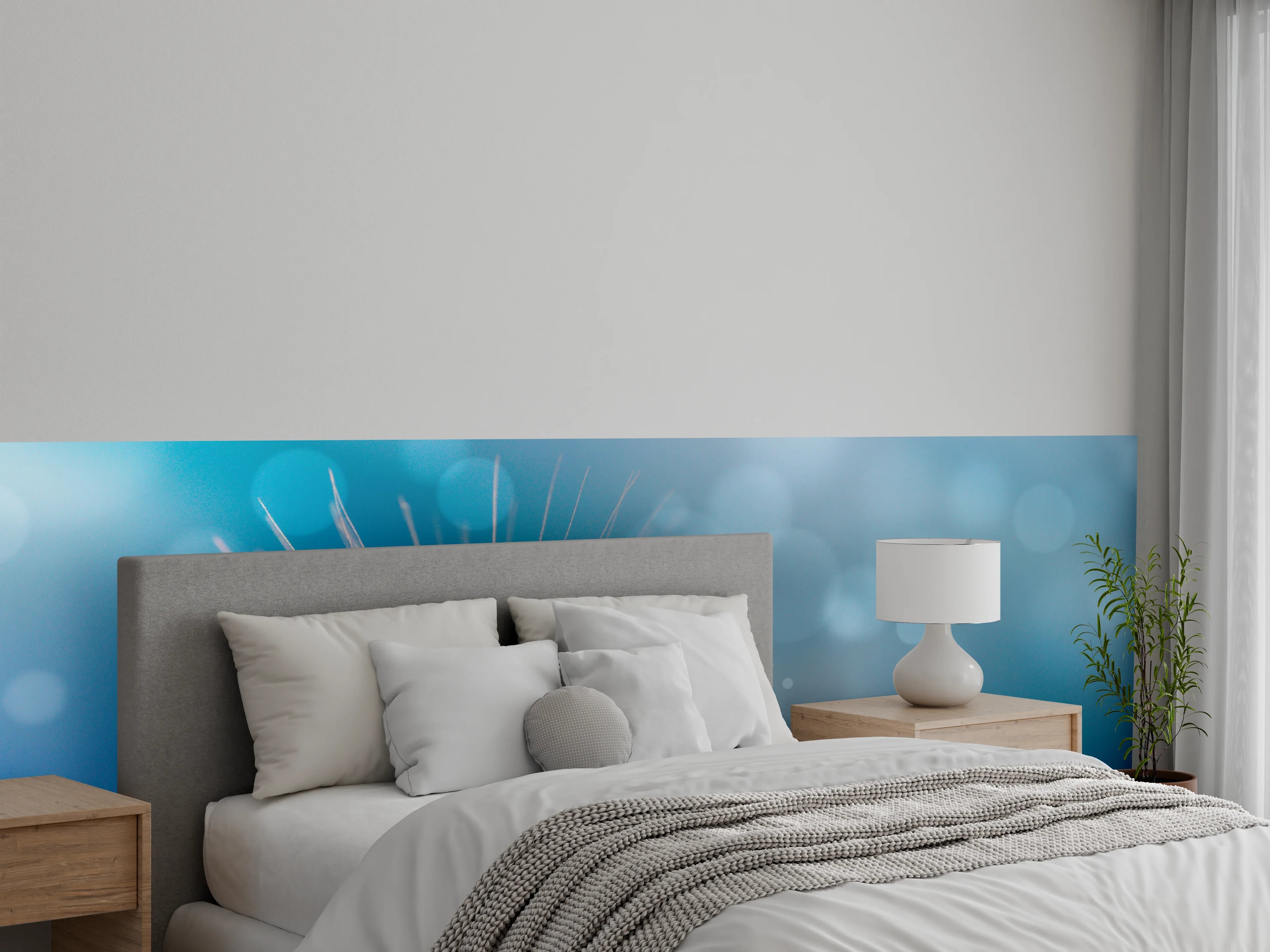 Wandverkleidung Schlafzimmer - Makroaufnahme Pusteblume Tau Tropfen Blau