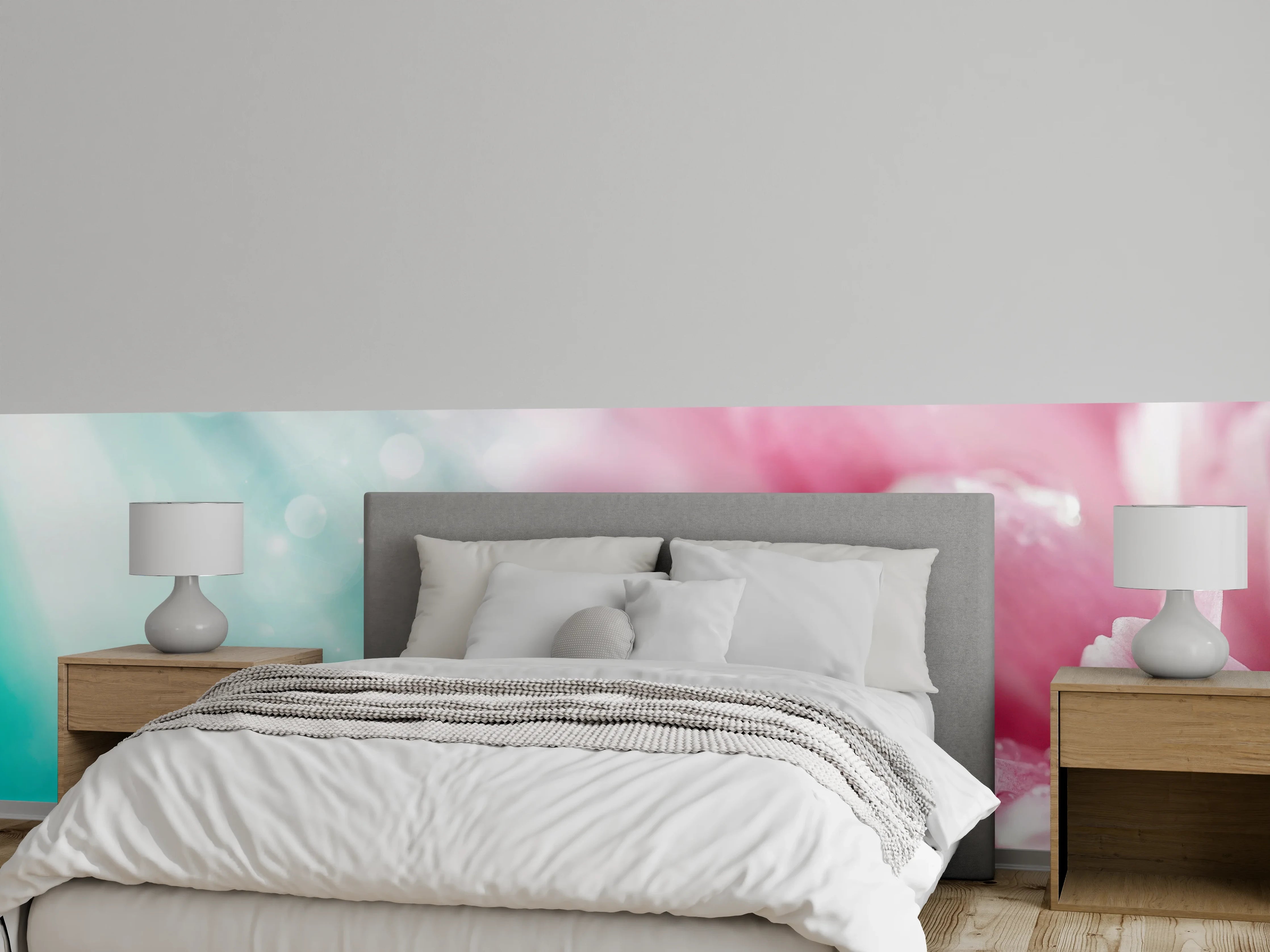 Wandverkleidung Schlafzimmer - Makroaufnahme rosa Blüte mit Tautropfen