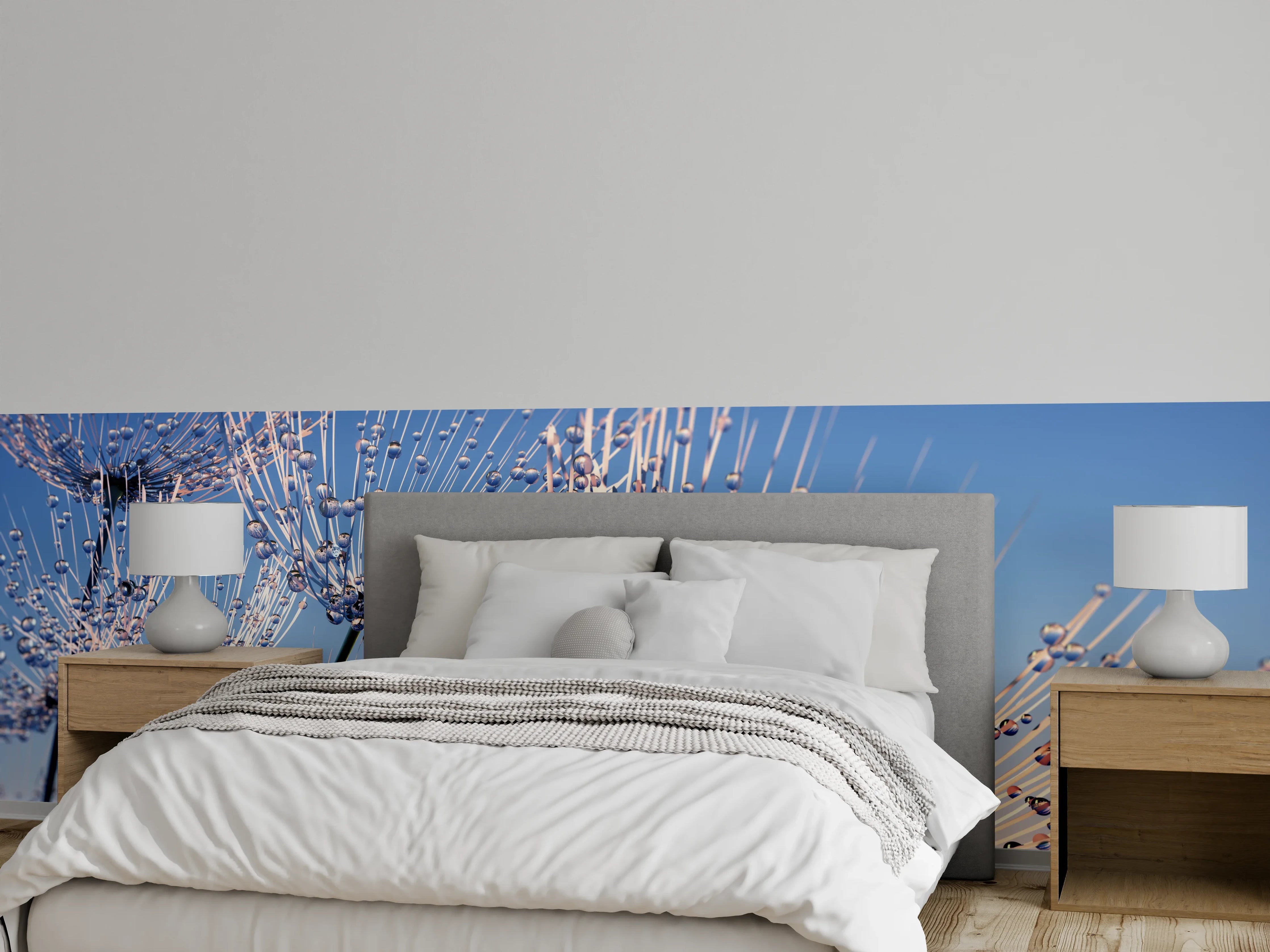 Wandverkleidung Schlafzimmer - Makrofoto Pusteblume Morgentau Blau Himmel