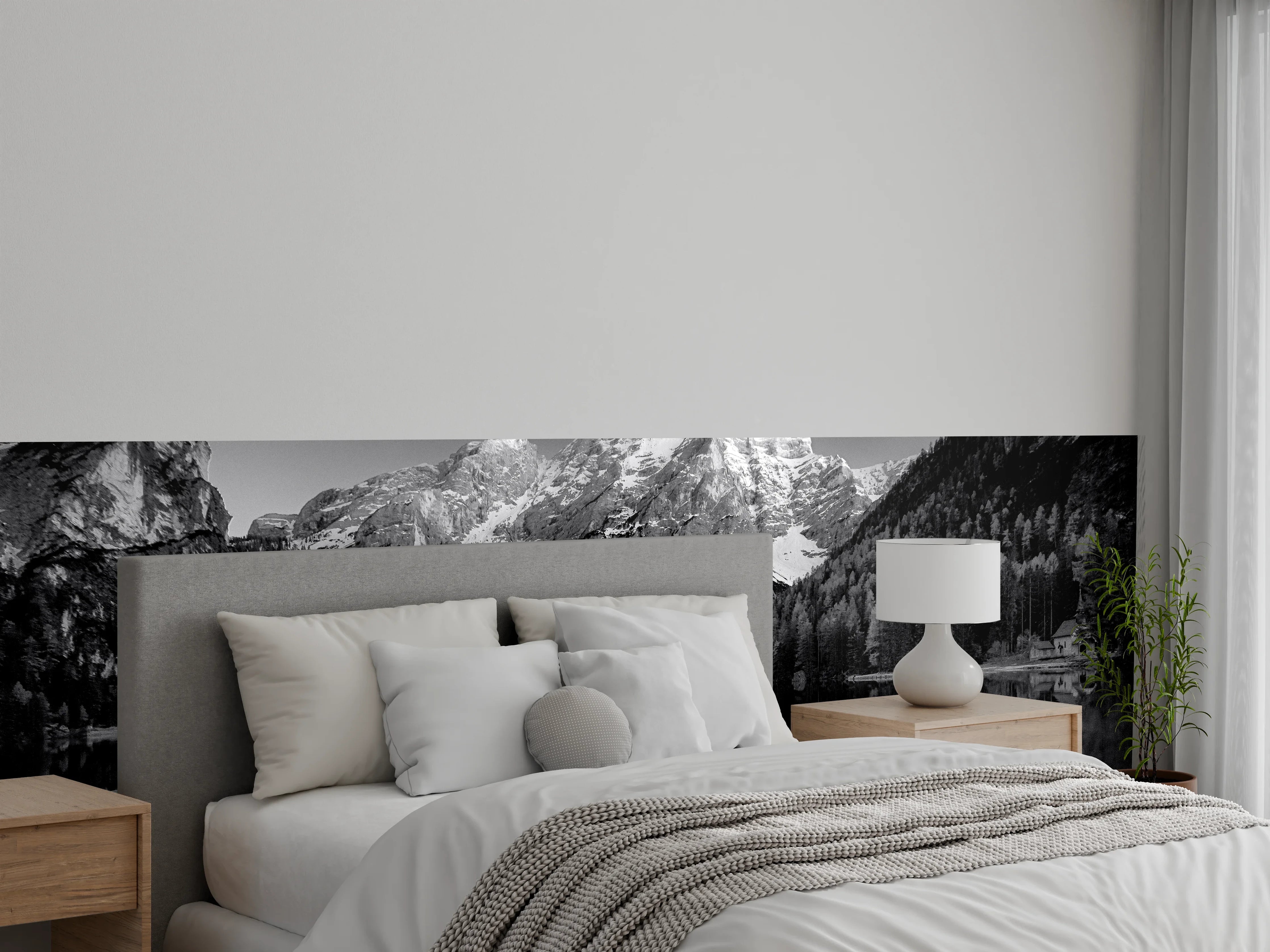 Wandverkleidung Schlafzimmer - Malerei mit Bergseen und Booten in Schwarz-Weiß