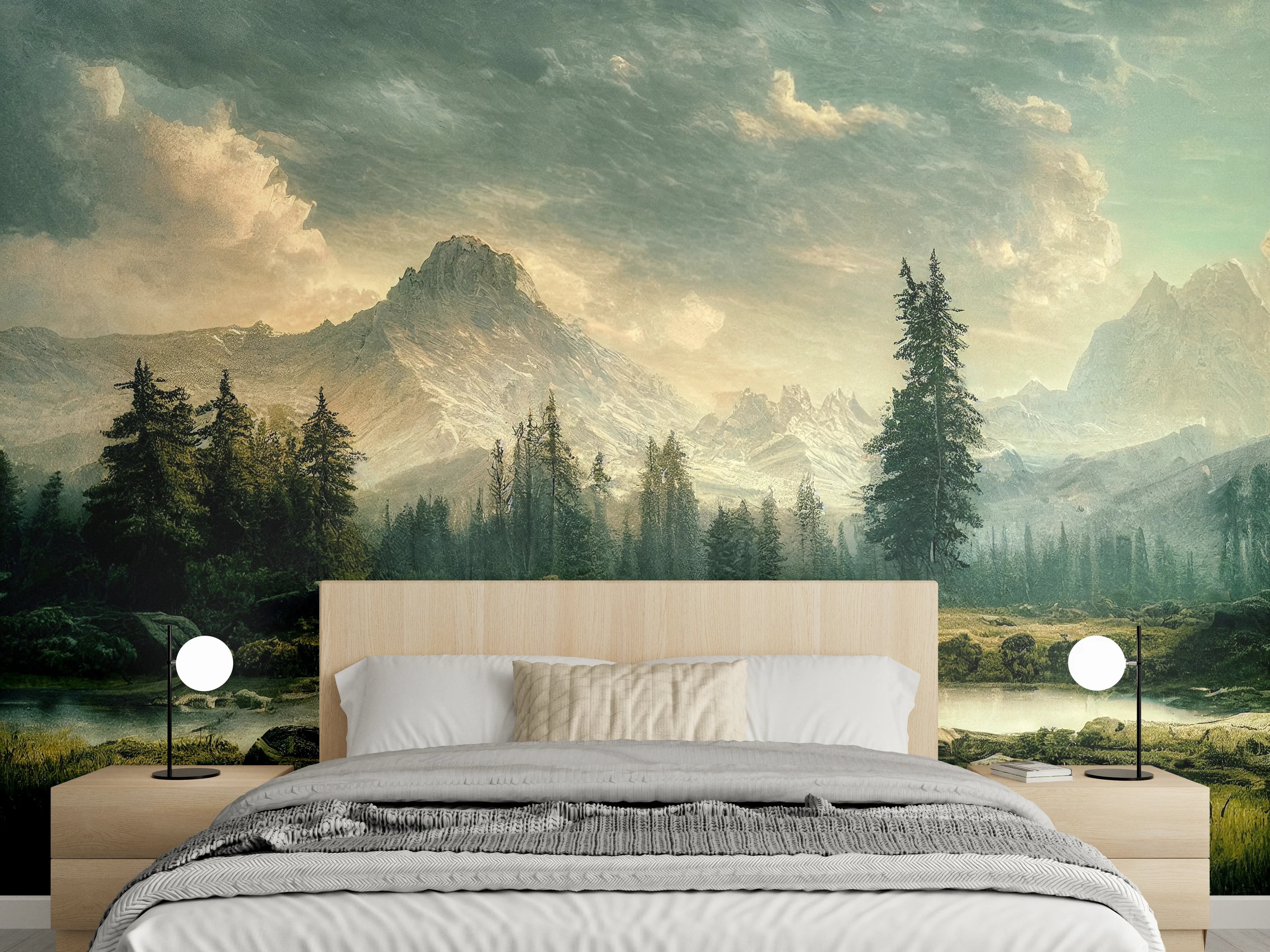 Wandverkleidung Schlafzimmer - Malerische Berglandschaft am Morgen