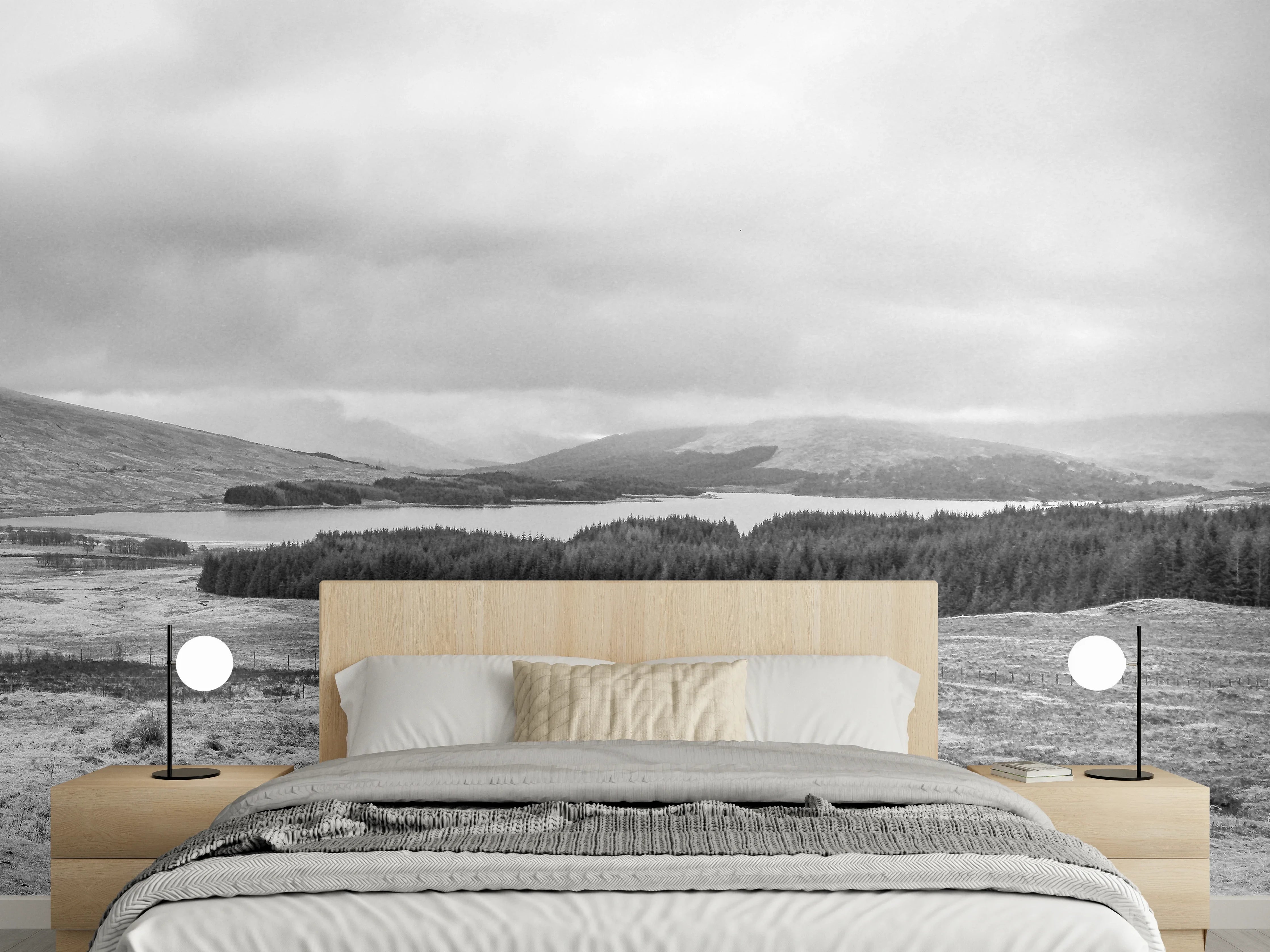Wandverkleidung Schlafzimmer - Malerische Berglandschaft in Schwarzweiß