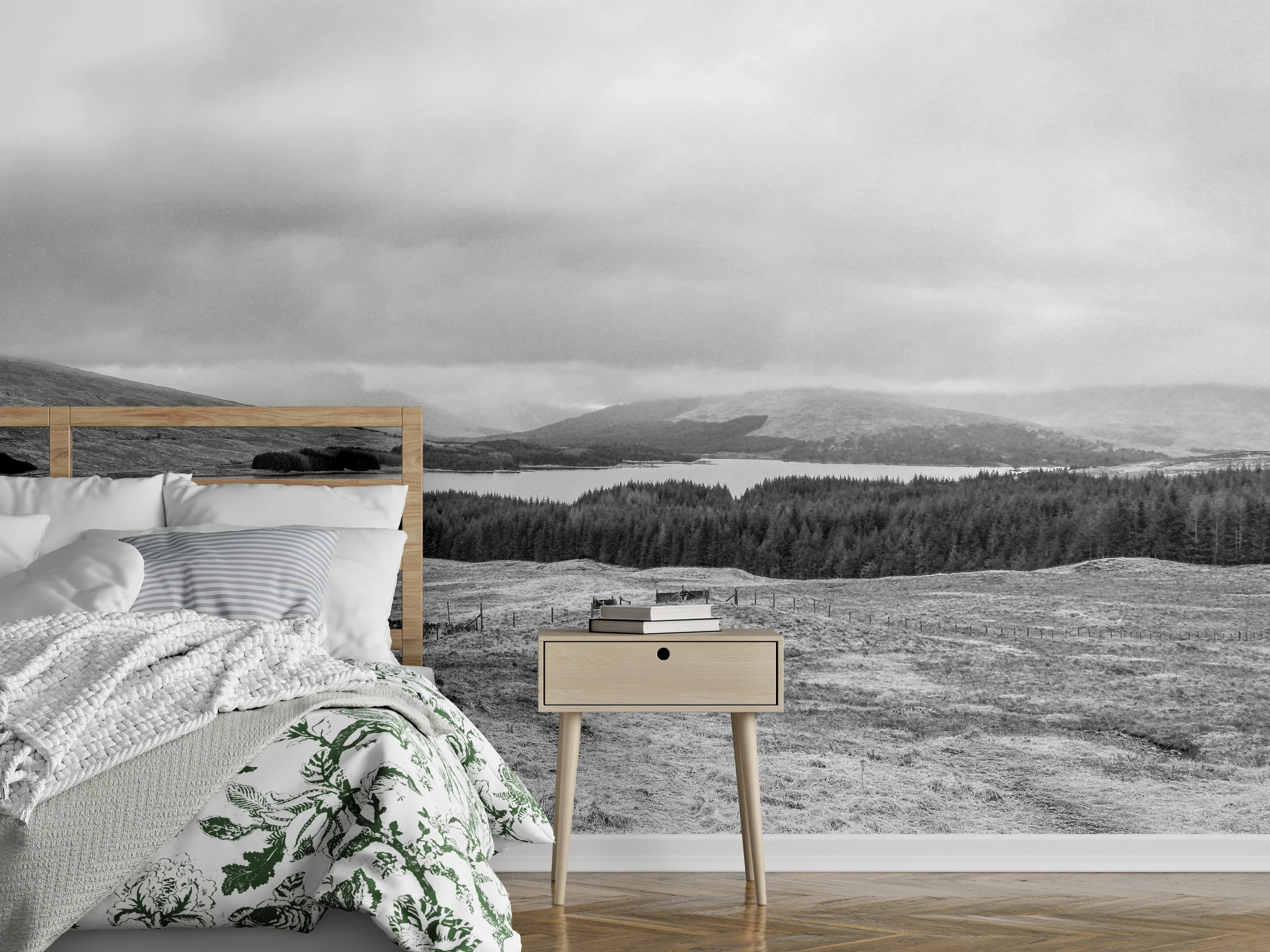 Wandverkleidung Schlafzimmer - Malerische Berglandschaft in Schwarzweiß