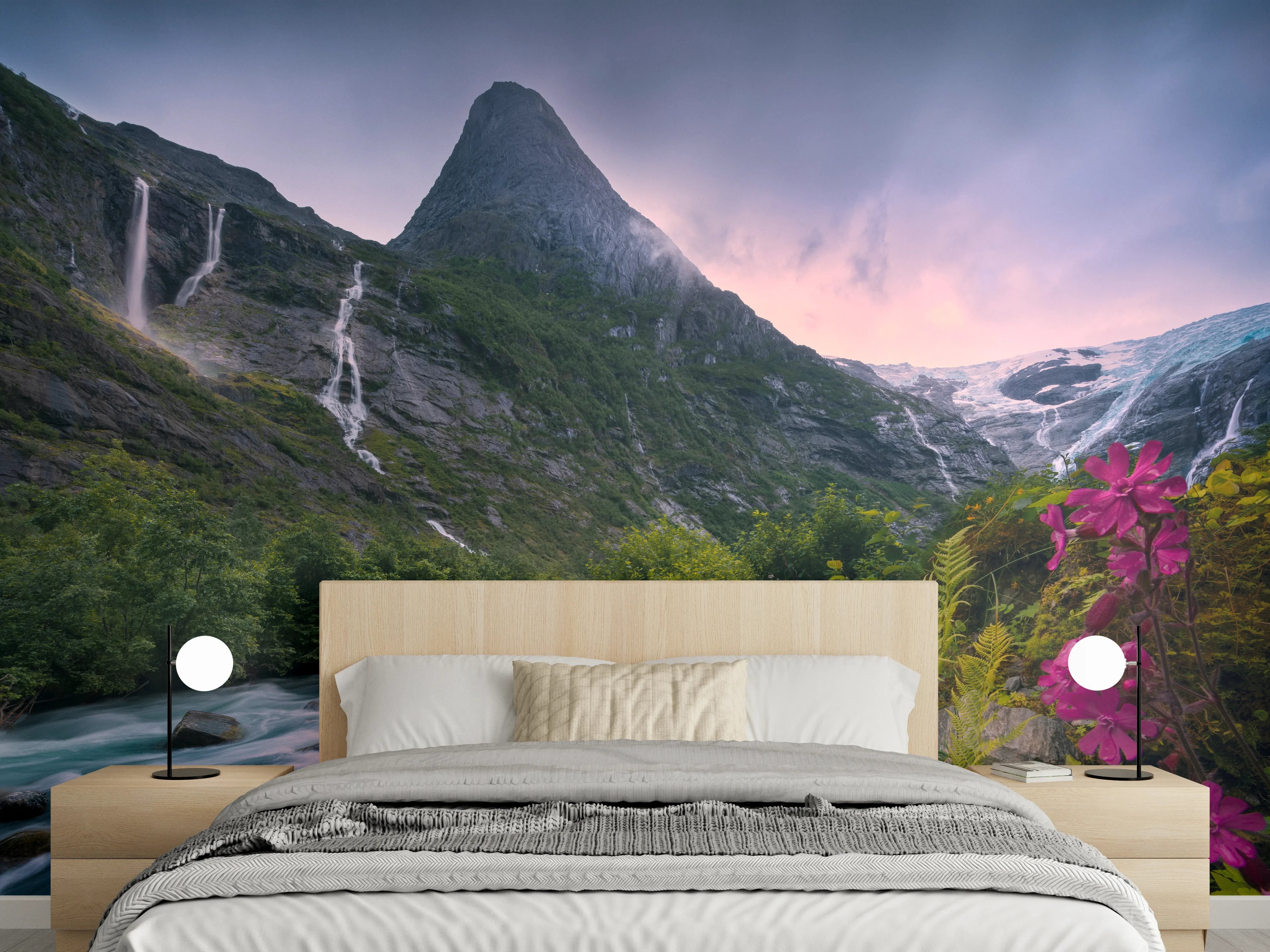 Wandverkleidung Schlafzimmer - Malerische Berglandschaft mit Wasserfall