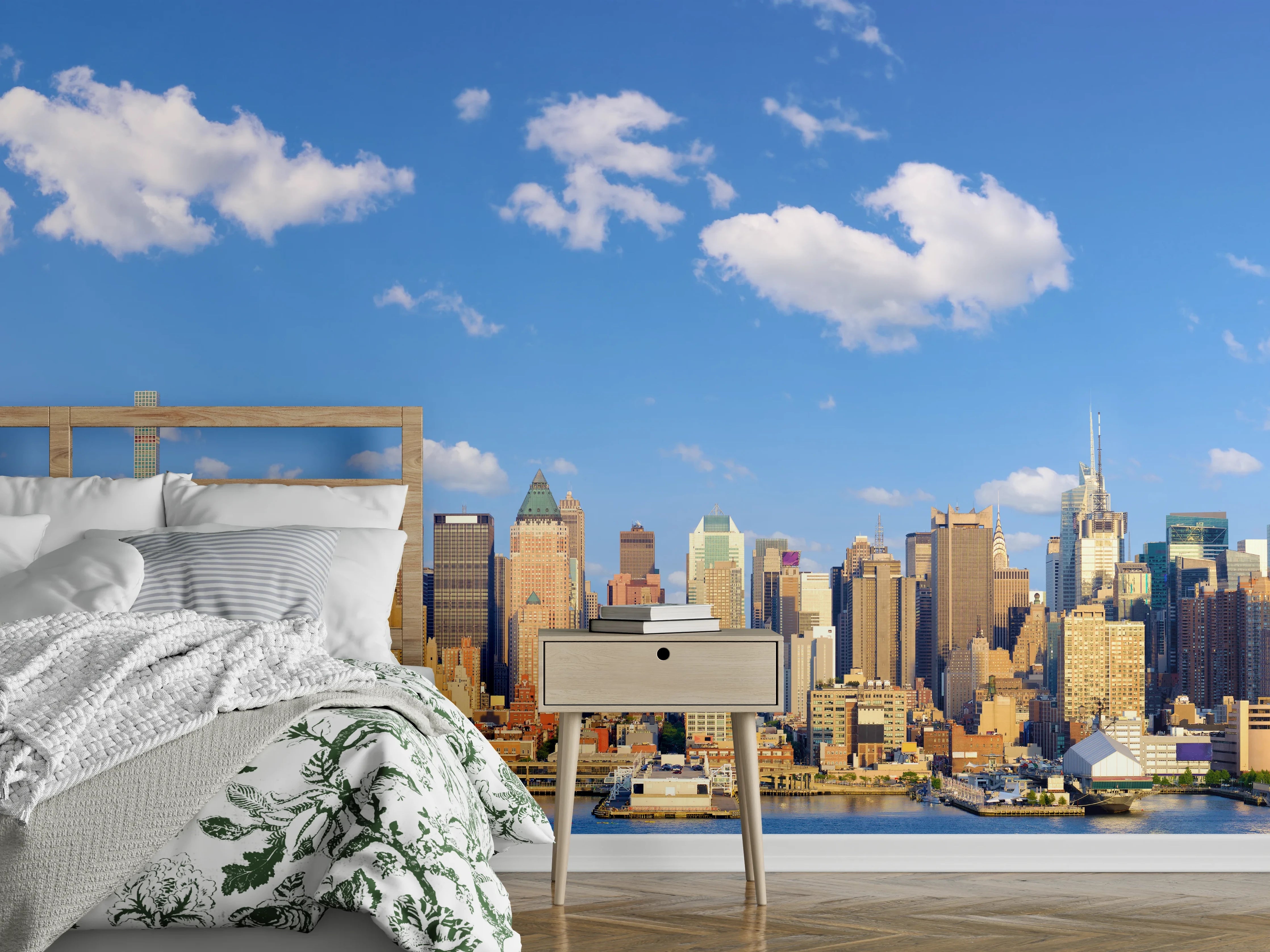 Wandverkleidung Schlafzimmer - Manhattan Skyline Blau-Beige