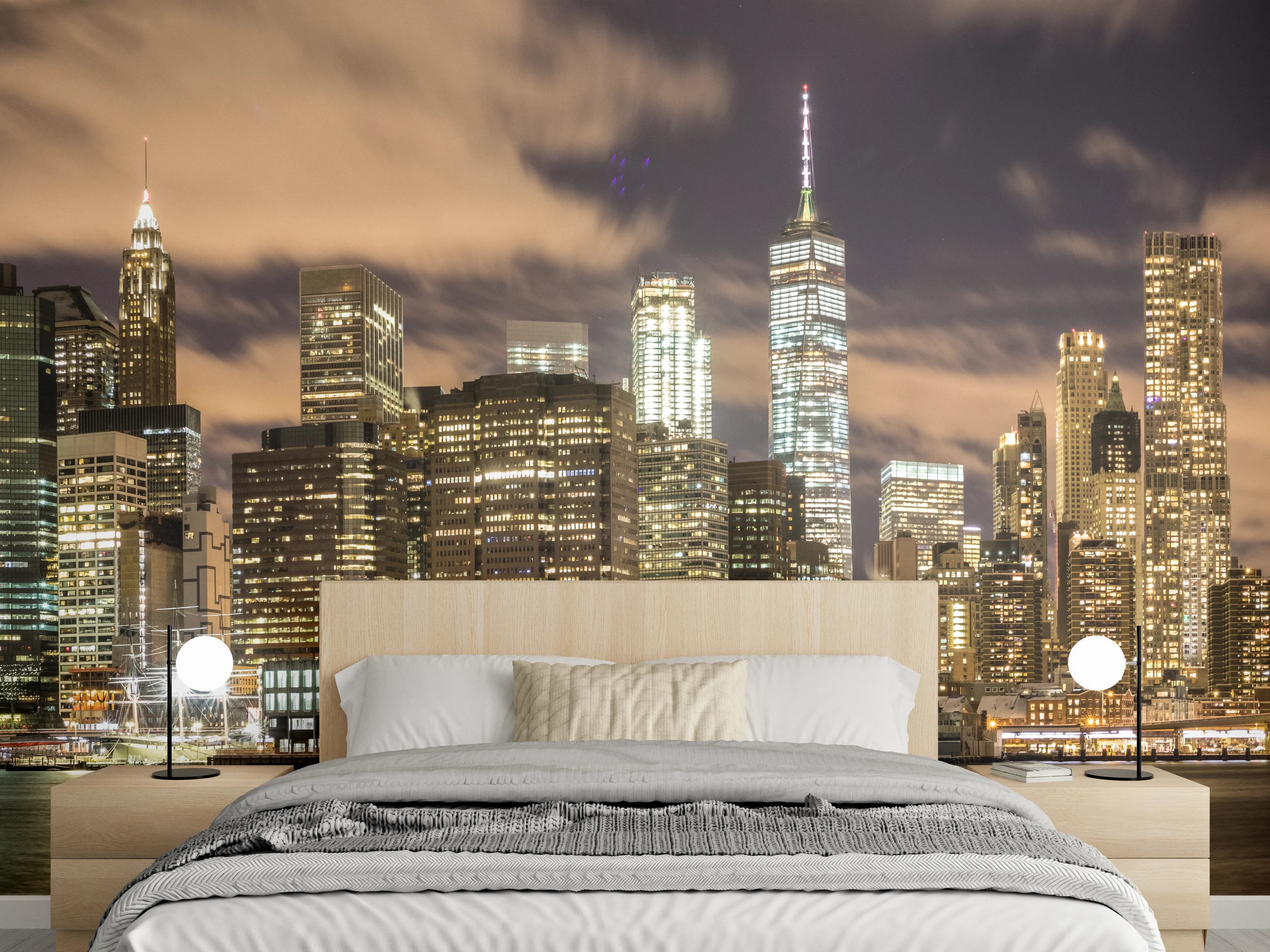 Wandverkleidung Schlafzimmer - Manhattan Skyline im Glanz der Nacht