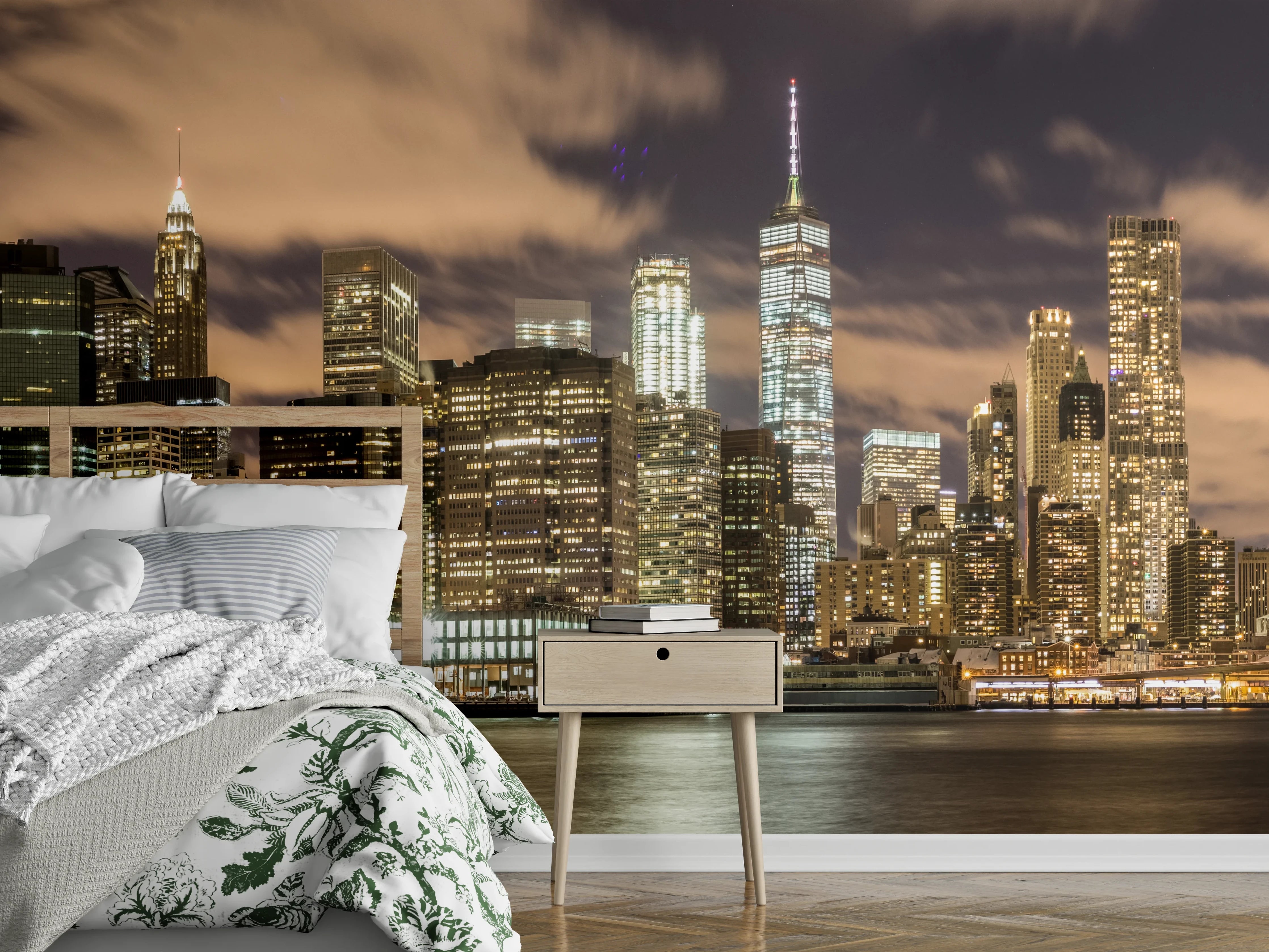 Wandverkleidung Schlafzimmer - Manhattan Skyline im Glanz der Nacht